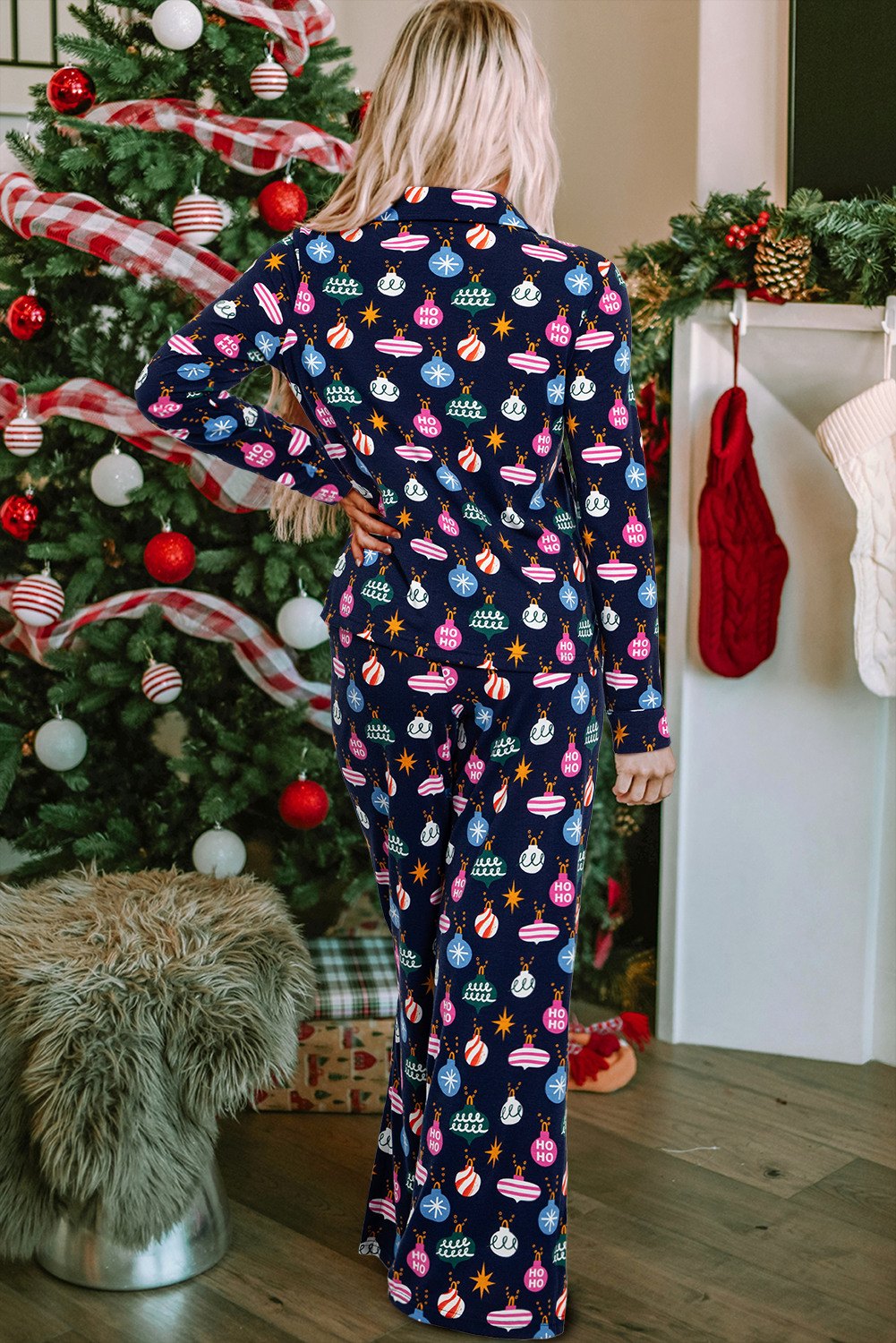 Christmas Lights Print Collared Neck Top and Pants Set - Charming Charlie
