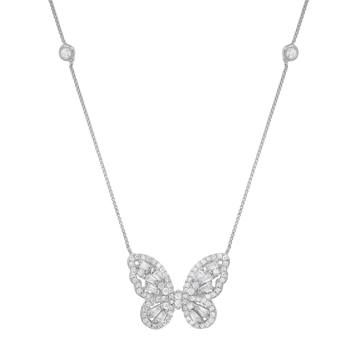 Sterling Silver Baguette CZ Butterfly Station Necklace - Charming Charlie