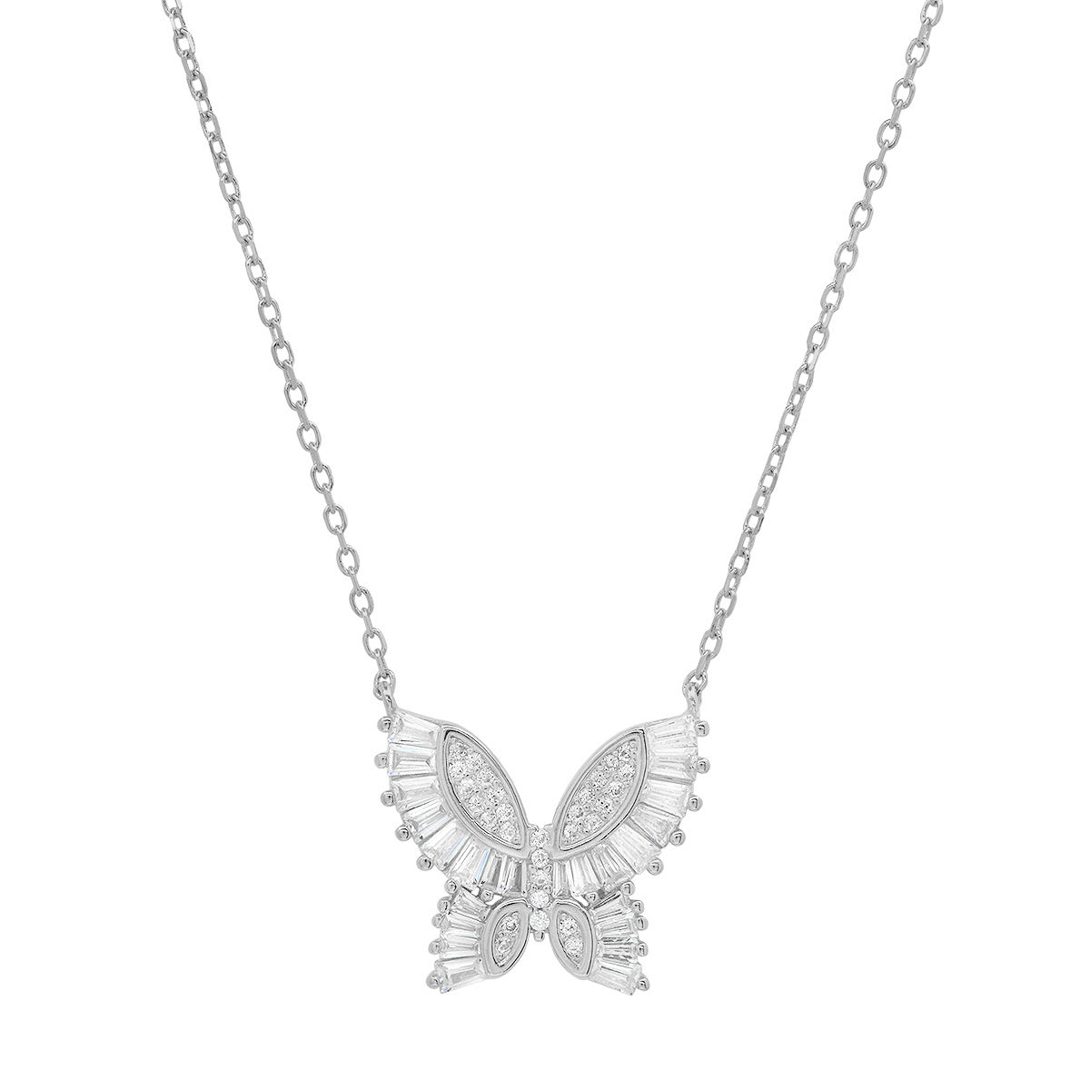 Sterling Silver Baguette CZ Butterfly Station Necklace - Charming Charlie