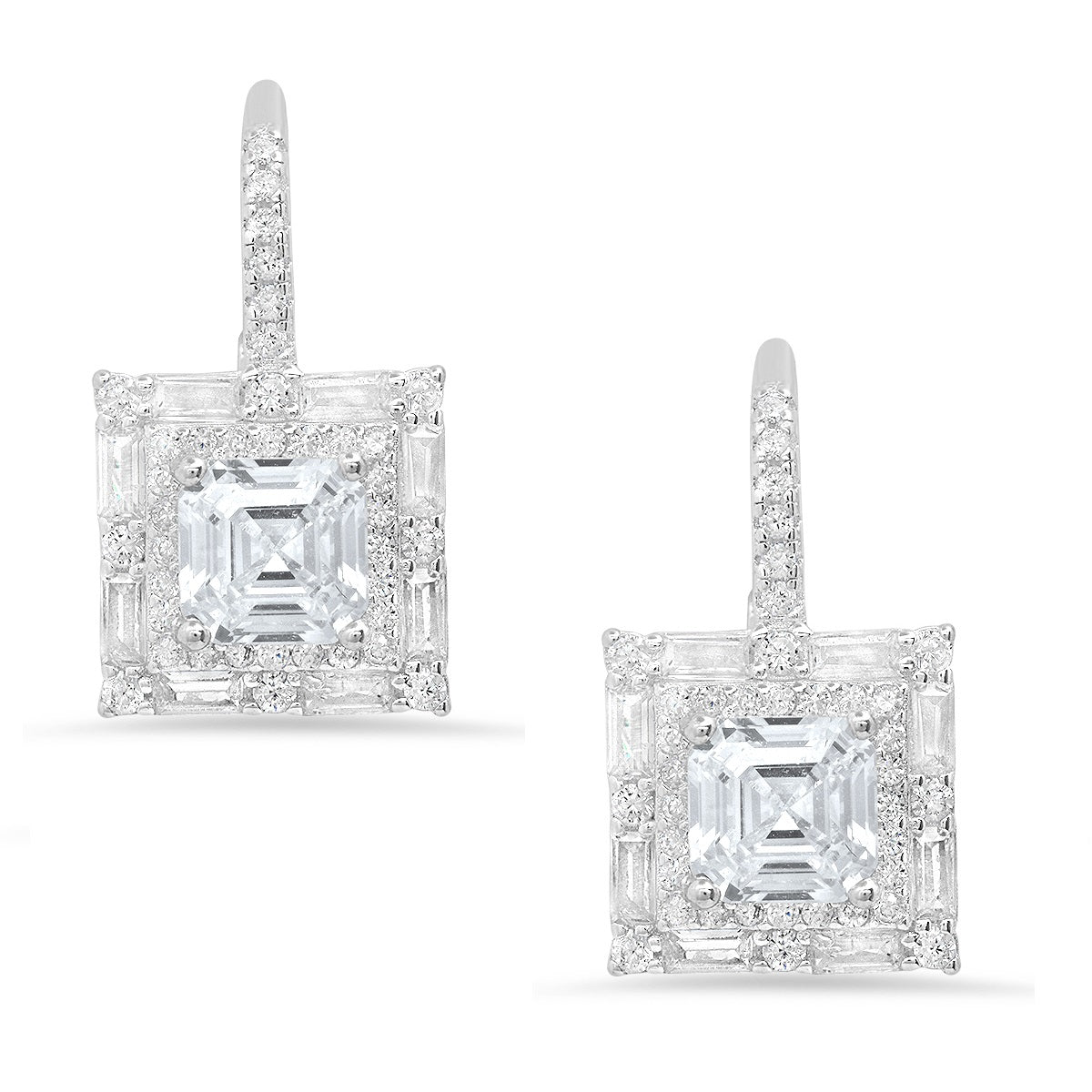 Sterling Silver Asscher-cut Halo CZ Leverback Earrings - Charming Charlie