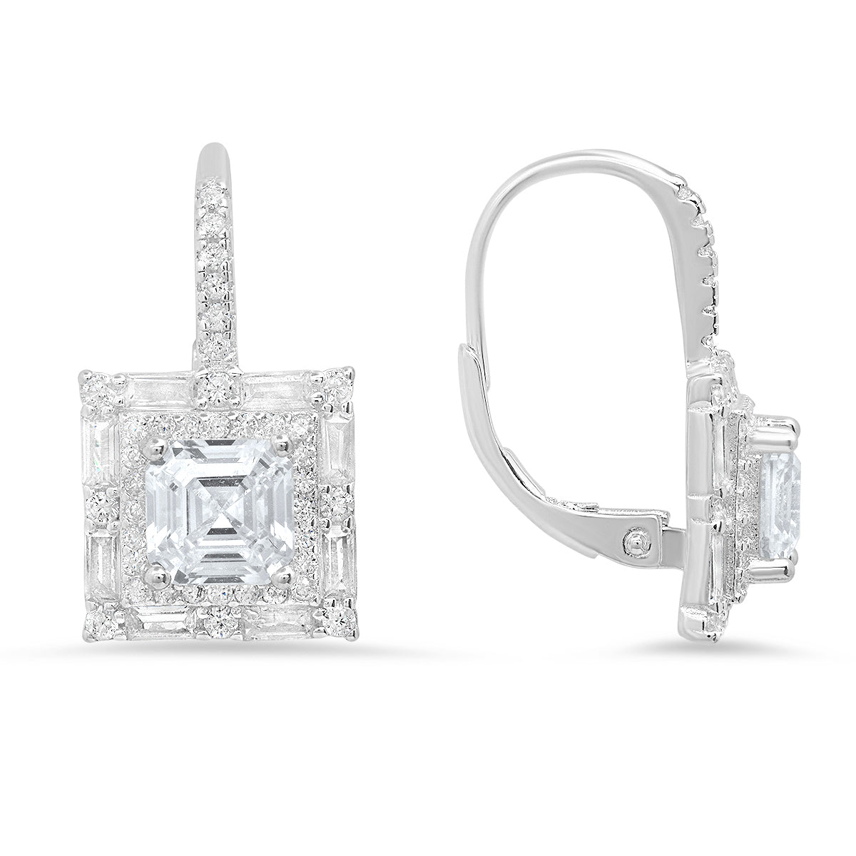 Sterling Silver Asscher-cut Halo CZ Leverback Earrings - Charming Charlie
