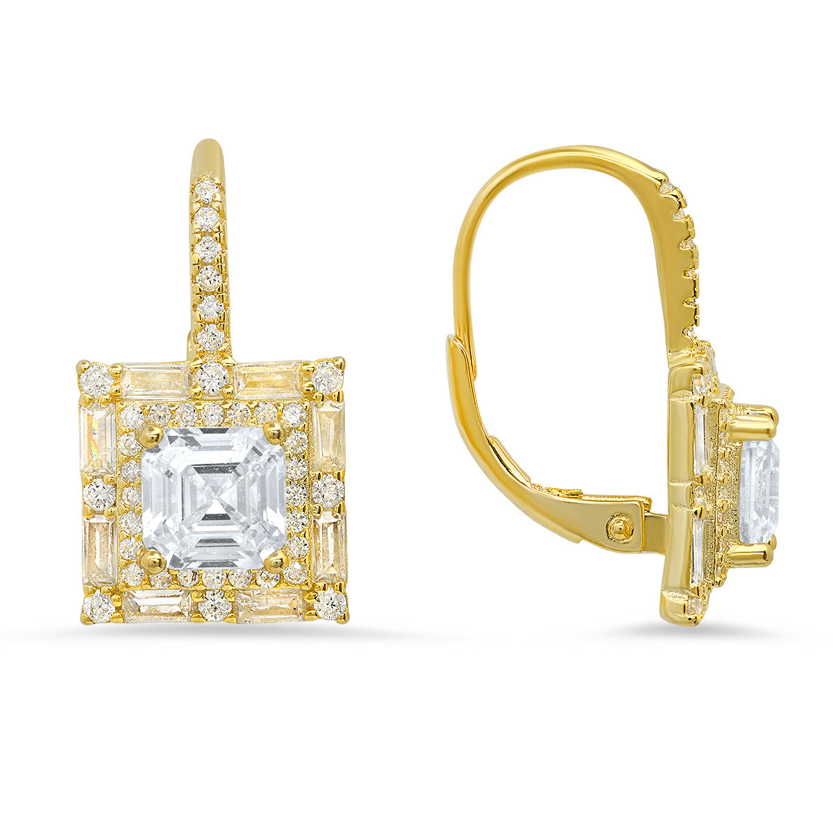 Sterling Silver Asscher-cut Halo CZ Leverback Earrings - Charming Charlie