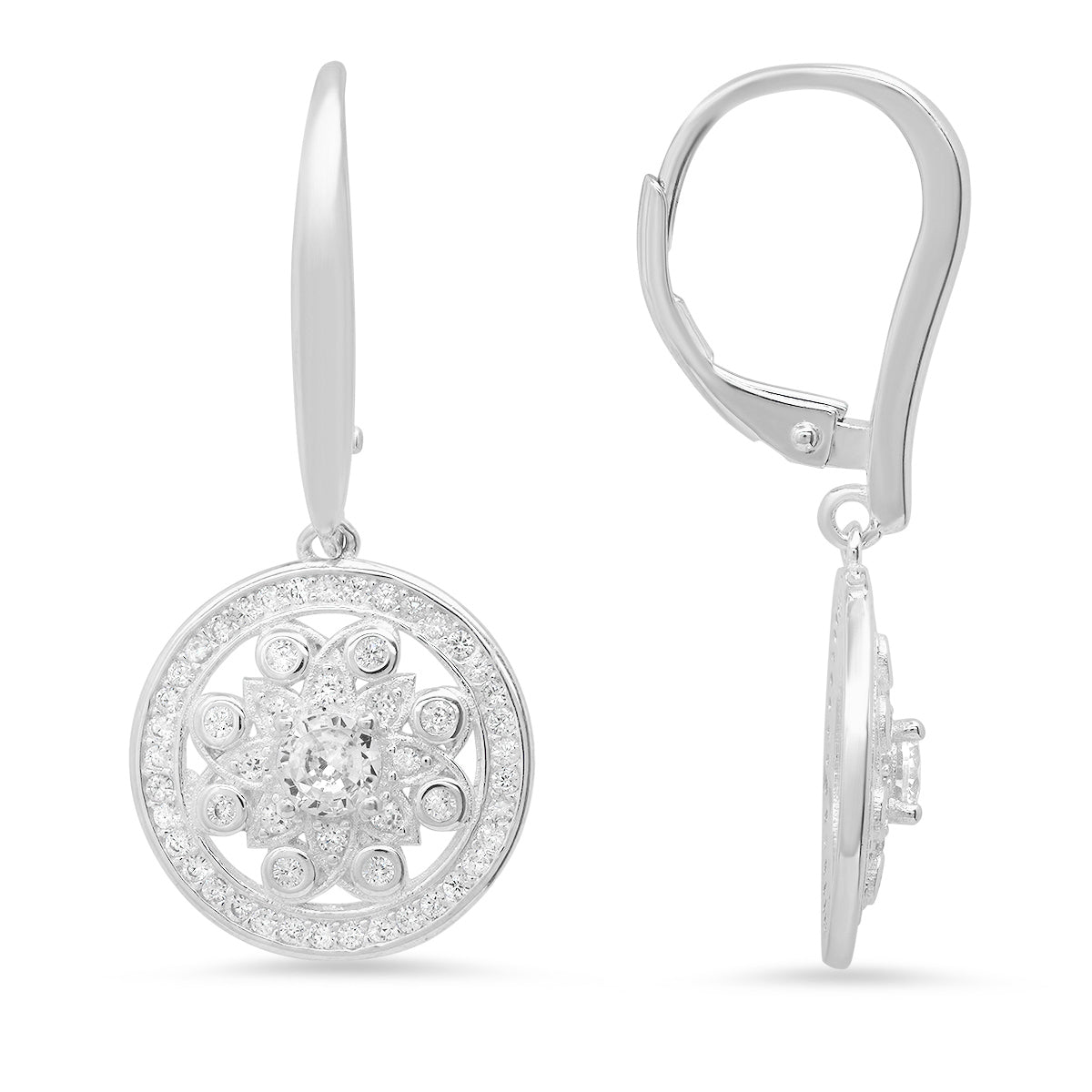 Sterling Silver Dangling CZ Flower Leverback Earrings - Charming Charlie