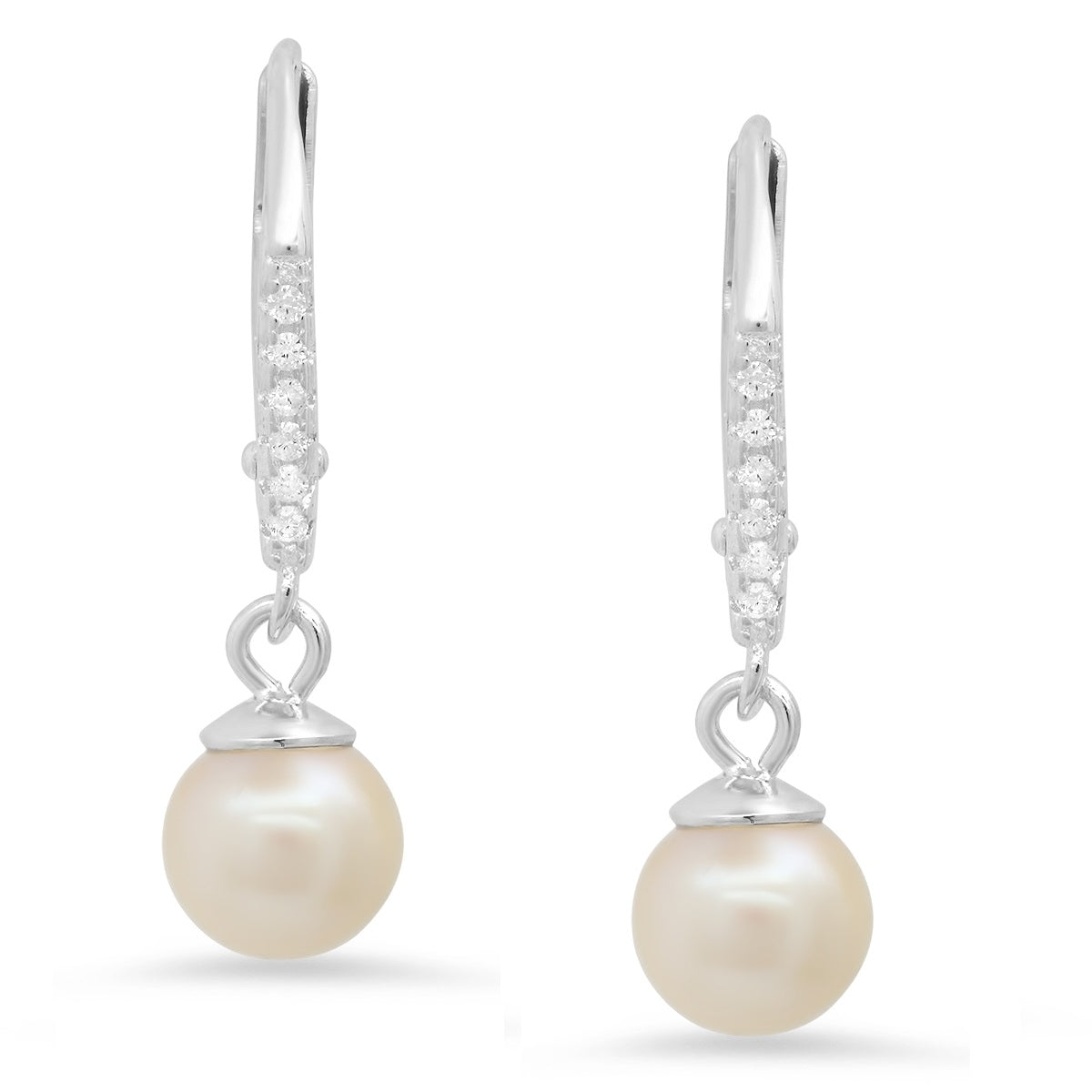 Sterling Silver Genuine Pearl & CZ Dangling Leverback Earrings - Charming Charlie