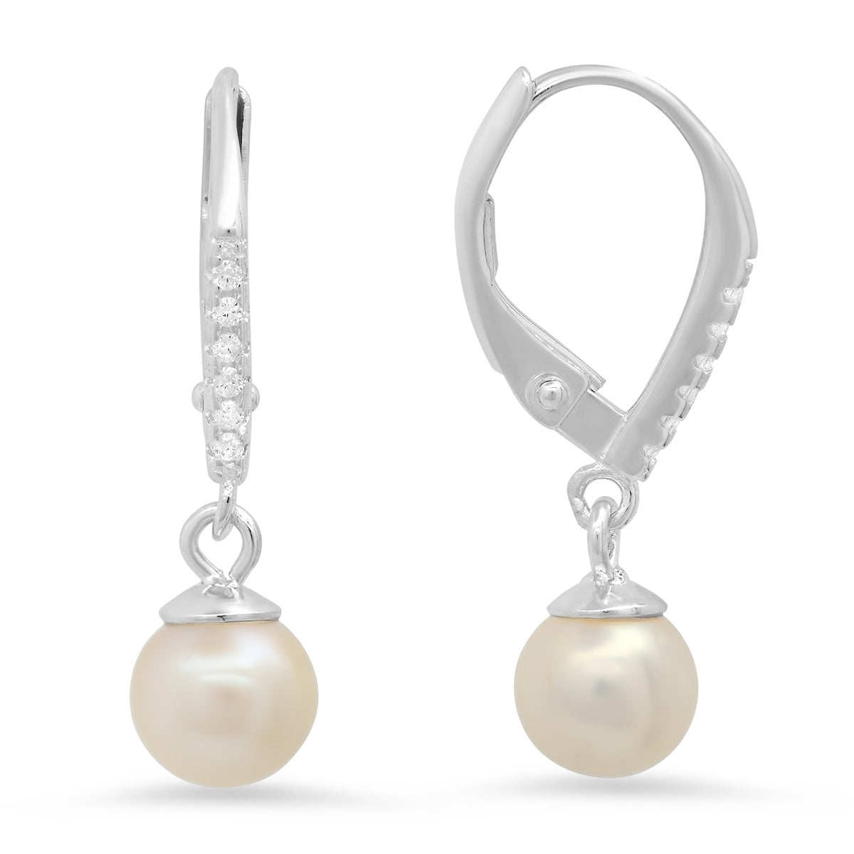Sterling Silver Genuine Pearl & CZ Dangling Leverback Earrings - Charming Charlie
