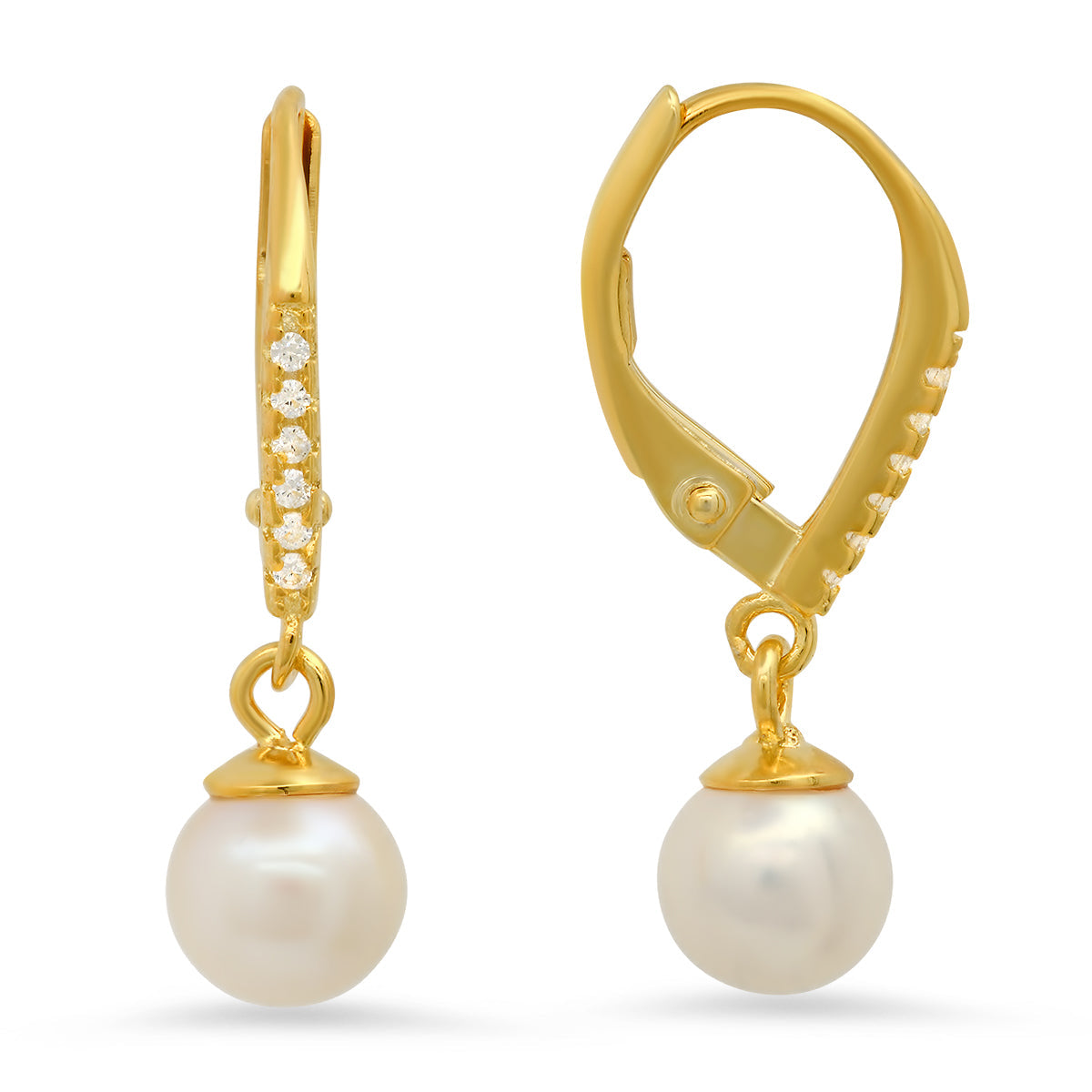 Sterling Silver Genuine Pearl & CZ Dangling Leverback Earrings - Charming Charlie