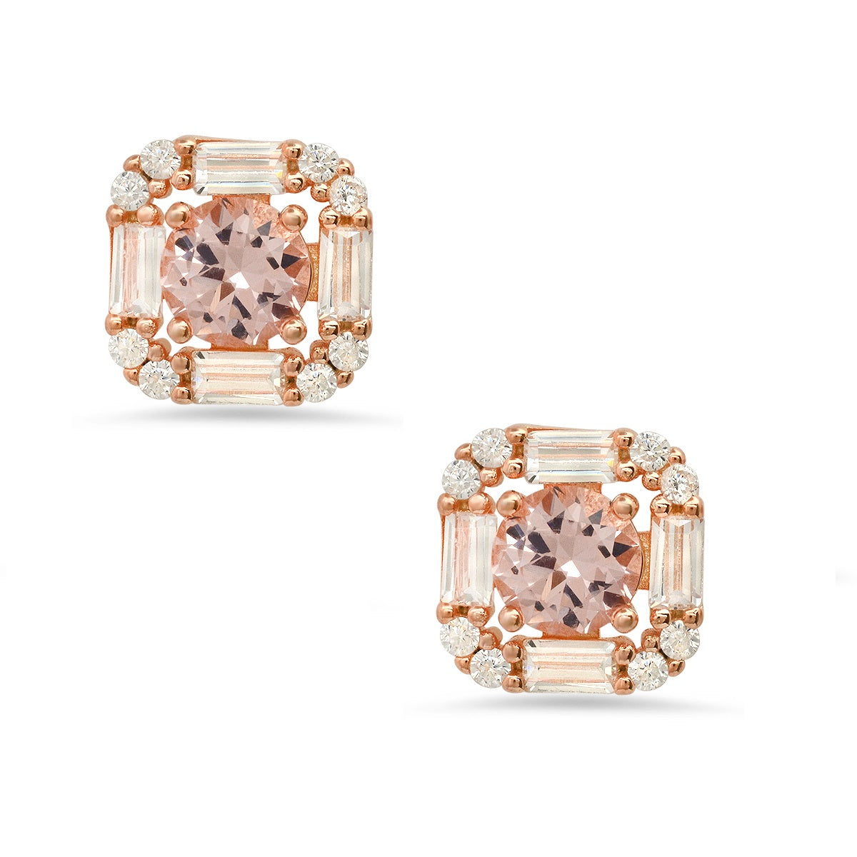Rose Gold Over Silver Morganite CZ Halo Stud Earrings - Charming Charlie