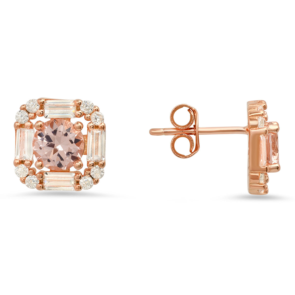 Rose Gold Over Silver Morganite CZ Halo Stud Earrings - Charming Charlie