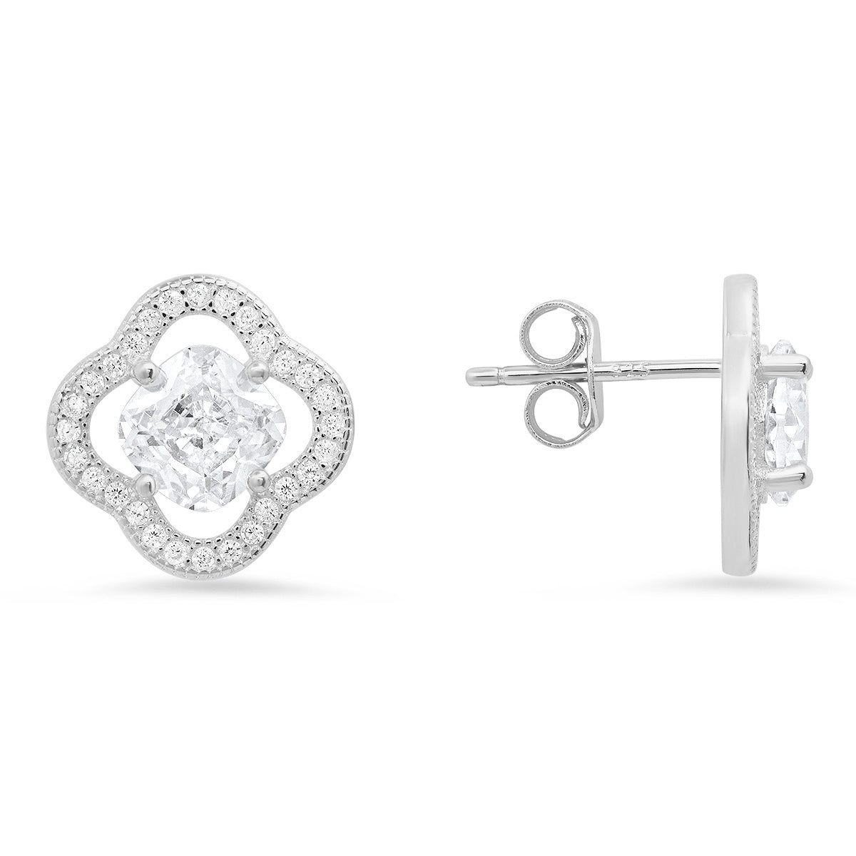 Sterling Silver Cushion-cut Flower CZ Stud Earrings - Charming Charlie