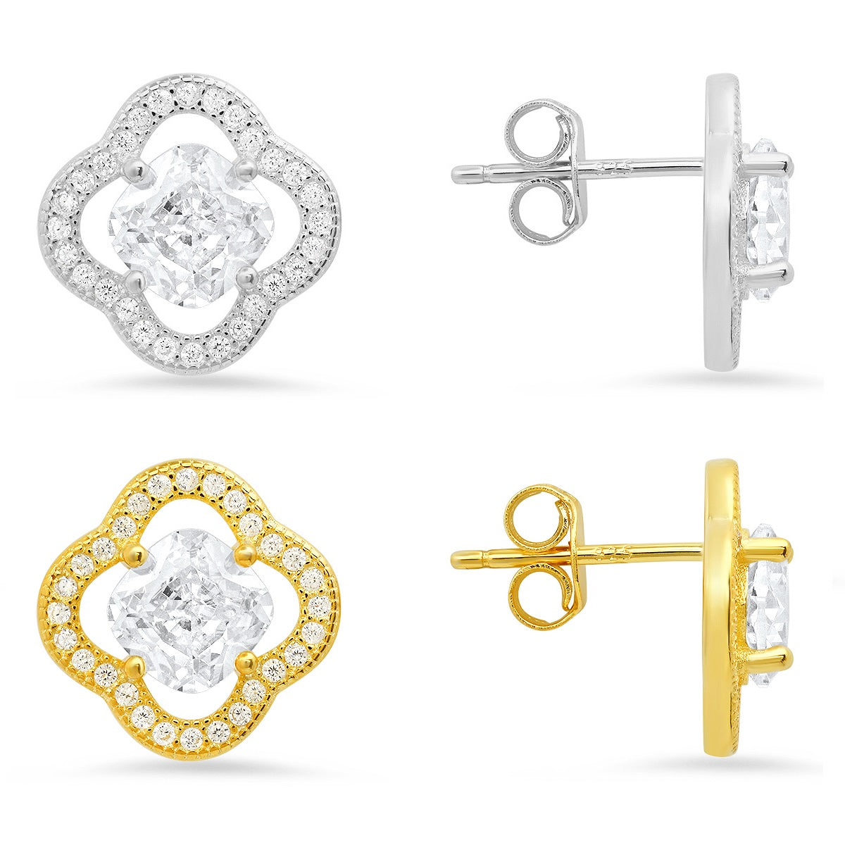 Sterling Silver Cushion-cut Flower CZ Stud Earrings - Charming Charlie