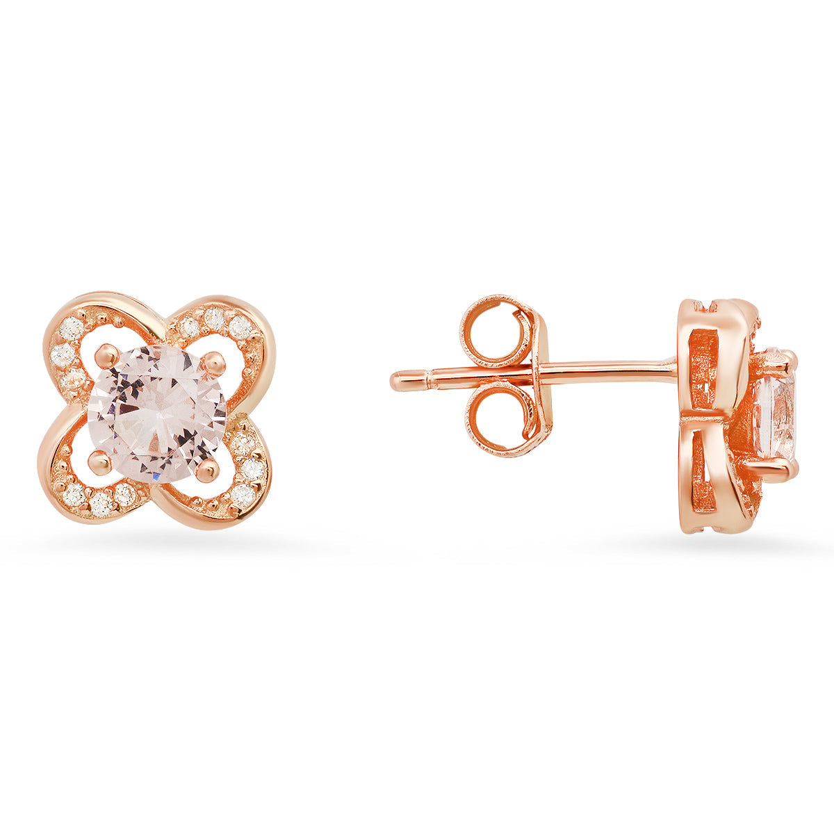 Rose Gold Over Silver Morganite CZ Flower Stud Earrings - Charming Charlie