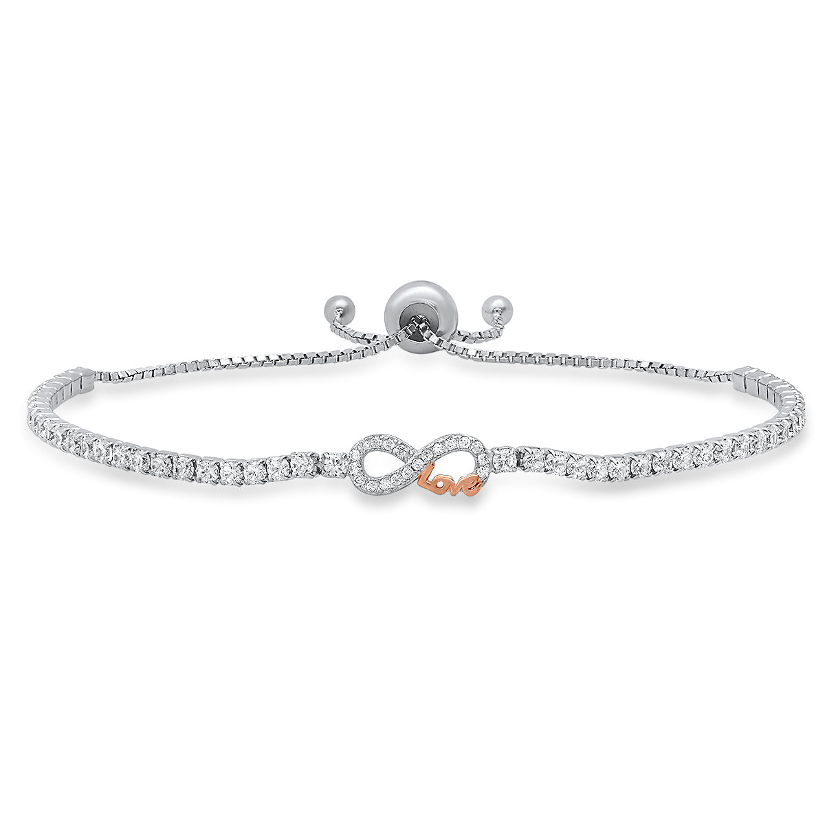 Sterling Silver Petite Two-Tone Infinity "Love" CZ Adjustable Bracelet - Charming Charlie