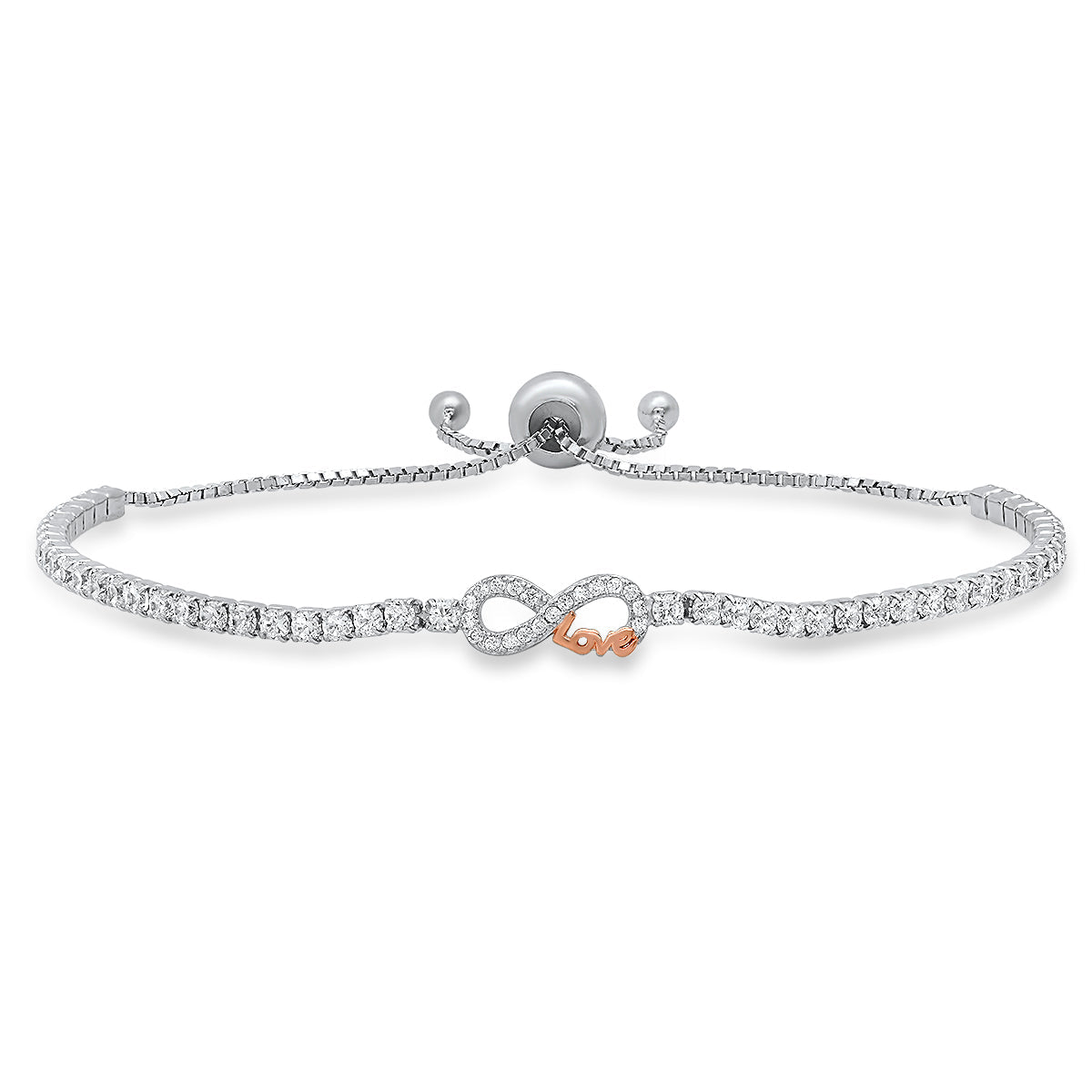 Sterling Silver Petite Two-Tone Infinity "Love" CZ Adjustable Bracelet - Charming Charlie
