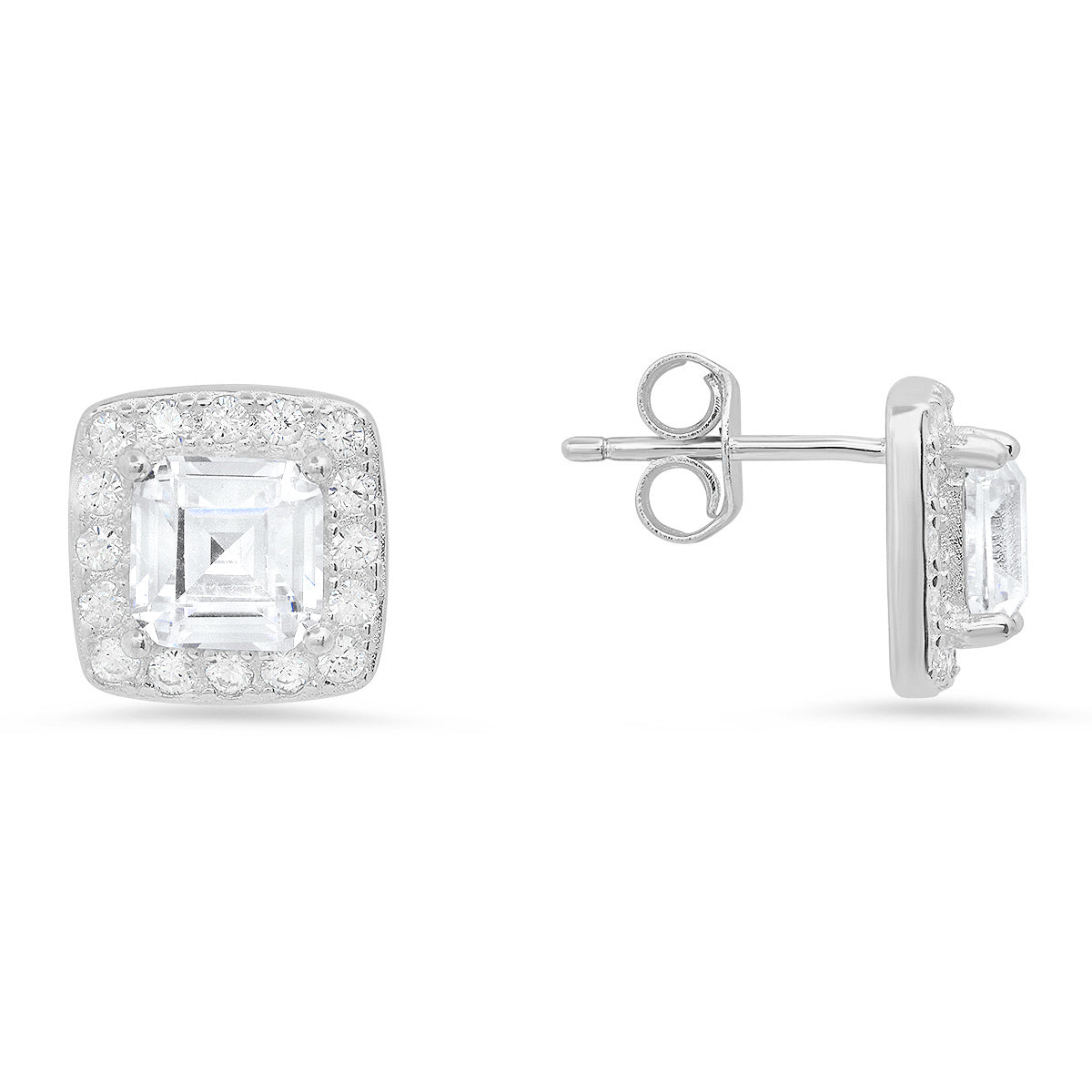 Sterling Silver Asscher-cut Halo CZ Stud Earrings - Charming Charlie