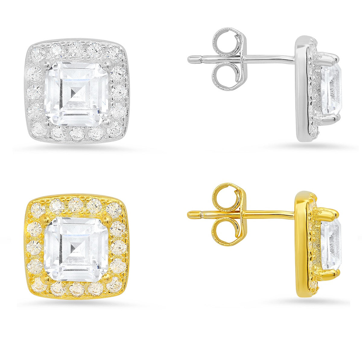 Sterling Silver Asscher-cut Halo CZ Stud Earrings - Charming Charlie