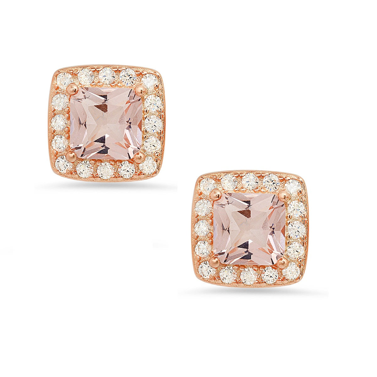 Rose Gold Over Silver Morganite CZ Halo Stud Earrings - Charming Charlie