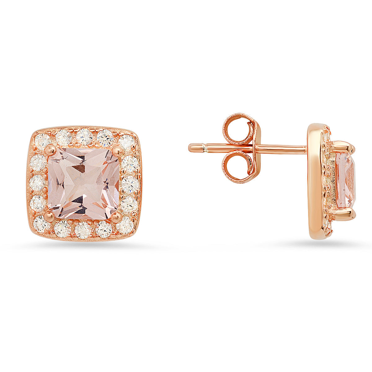 Rose Gold Over Silver Morganite CZ Halo Stud Earrings - Charming Charlie