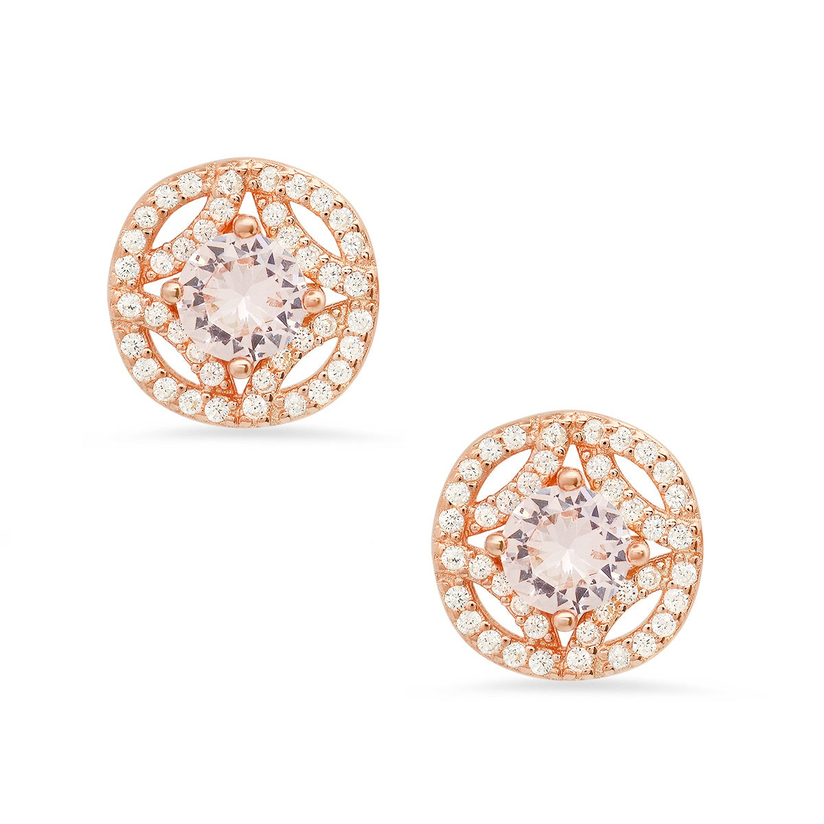 Rose Gold Over Silver Vintage Halo Morganite CZ Stud Earrings - Charming Charlie