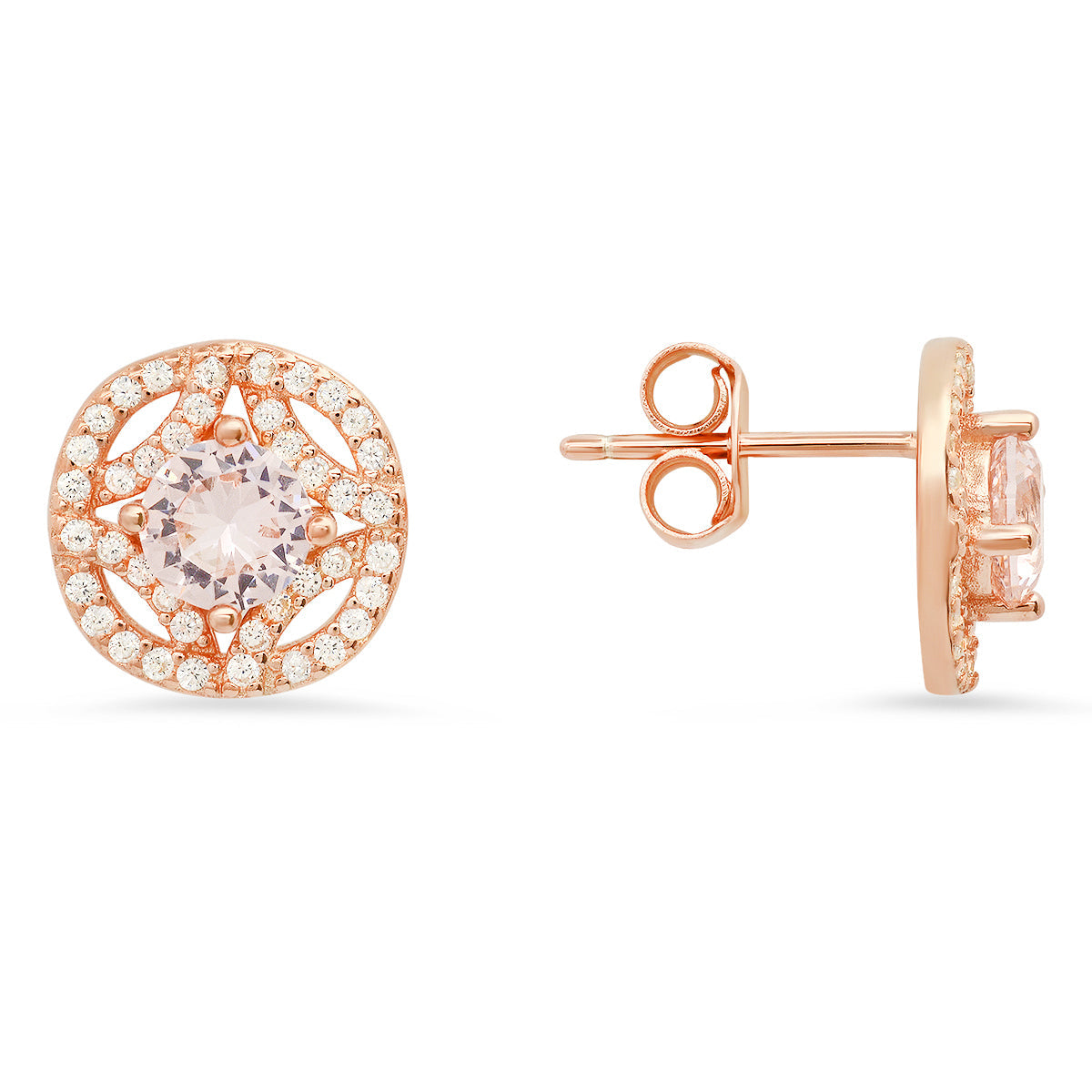 Rose Gold Over Silver Vintage Halo Morganite CZ Stud Earrings - Charming Charlie