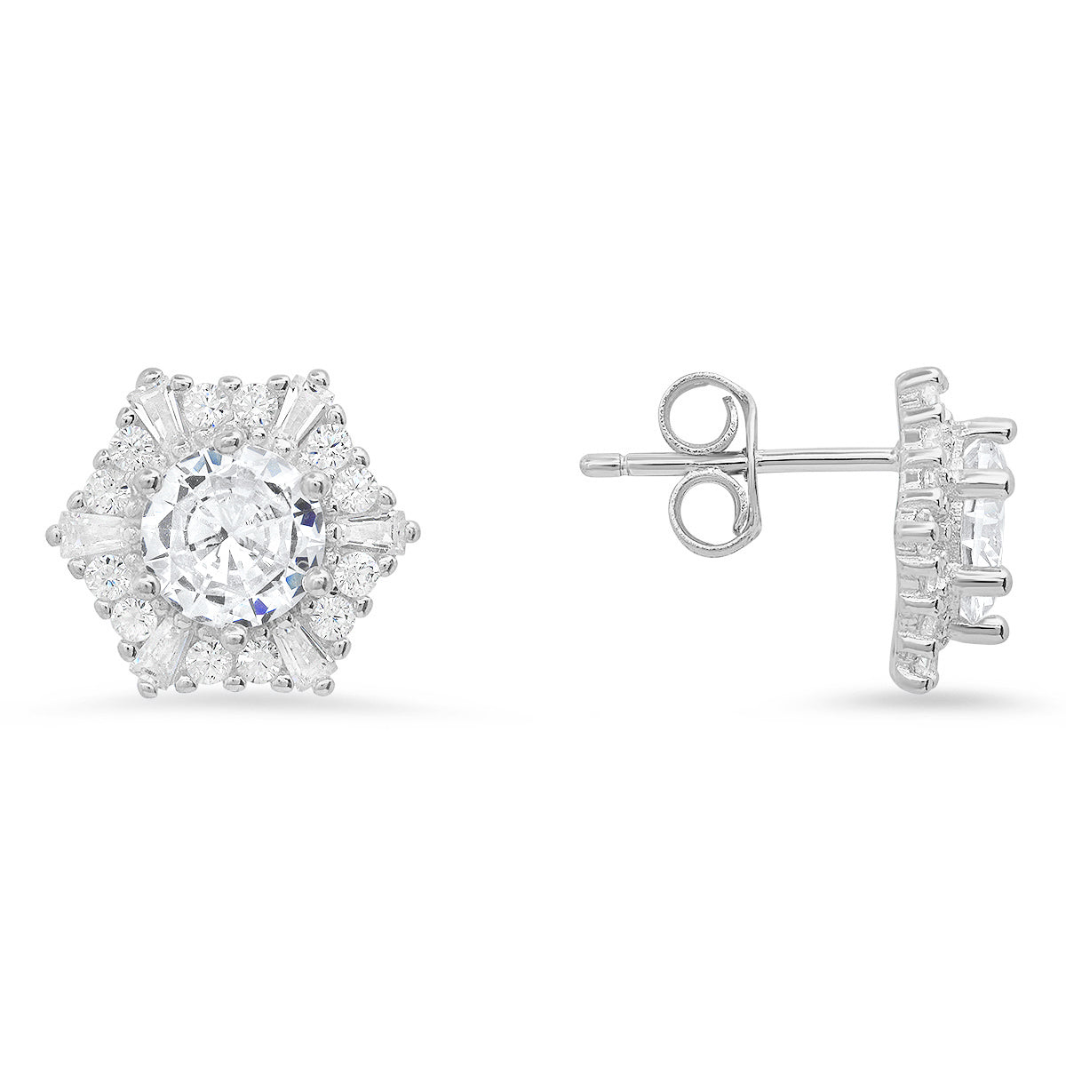 Sterling Silver Hexagon CZ Halo Stud Earrings - Charming Charlie
