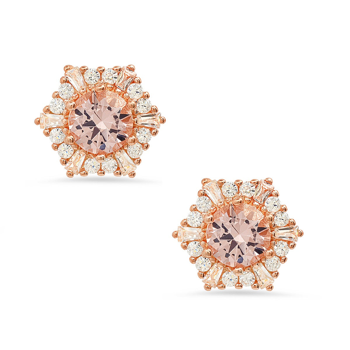 Rose Gold Over Silver Hexagon Morganite CZ Halo Stud Earrings - Charming Charlie
