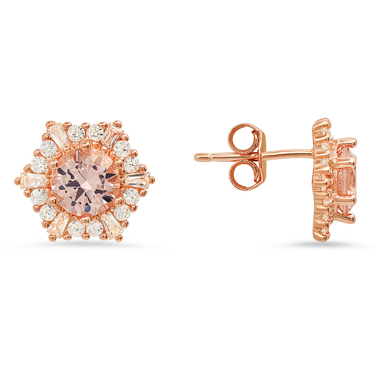 Rose Gold Over Silver Hexagon Morganite CZ Halo Stud Earrings - Charming Charlie
