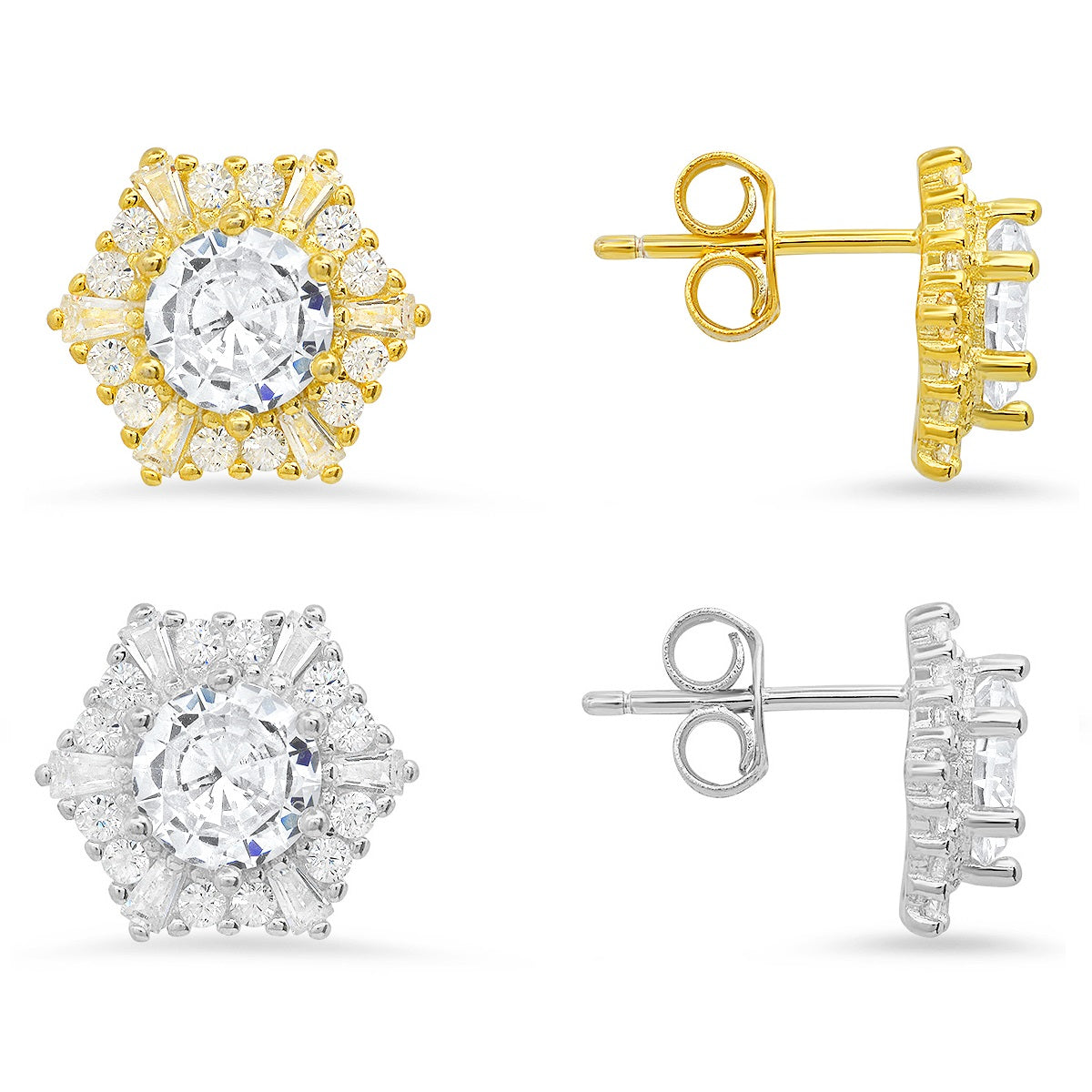Sterling Silver Hexagon CZ Halo Stud Earrings - Charming Charlie
