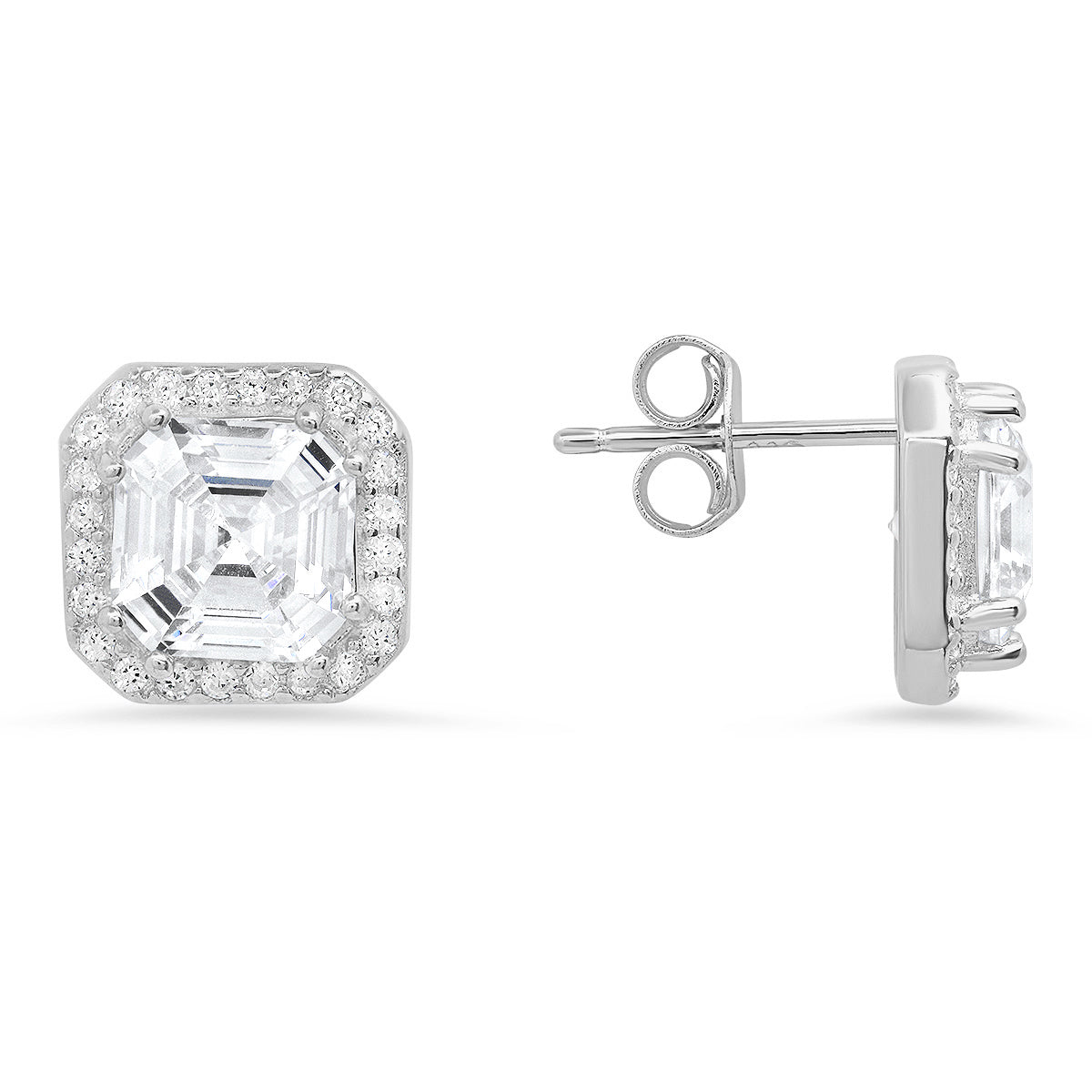 Sterling Silver Asscher-cut Halo Stud Earrings - Charming Charlie