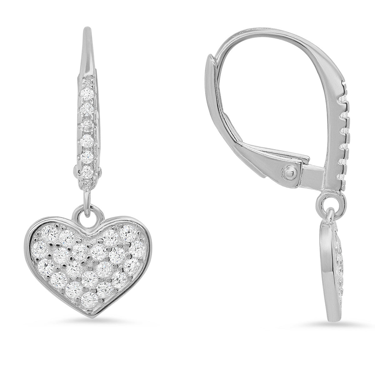 Sterling Silver Dangling Heart CZ Leverback Earrings - Charming Charlie