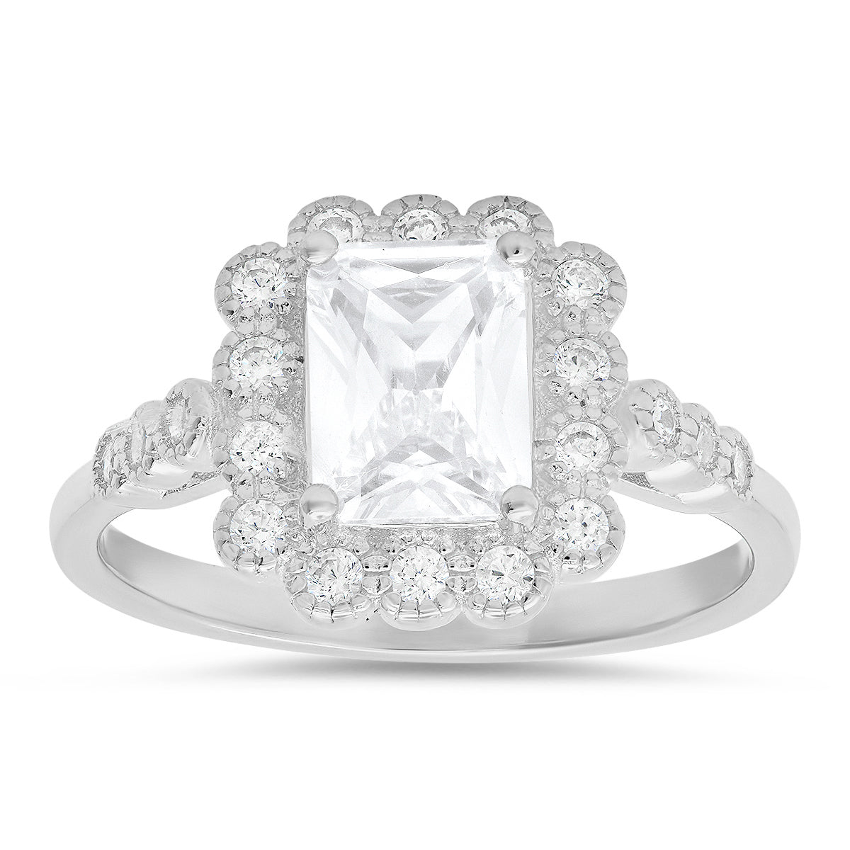 Sterling Silver Emerald-cut CZ Halo Floral Ring - Charming Charlie