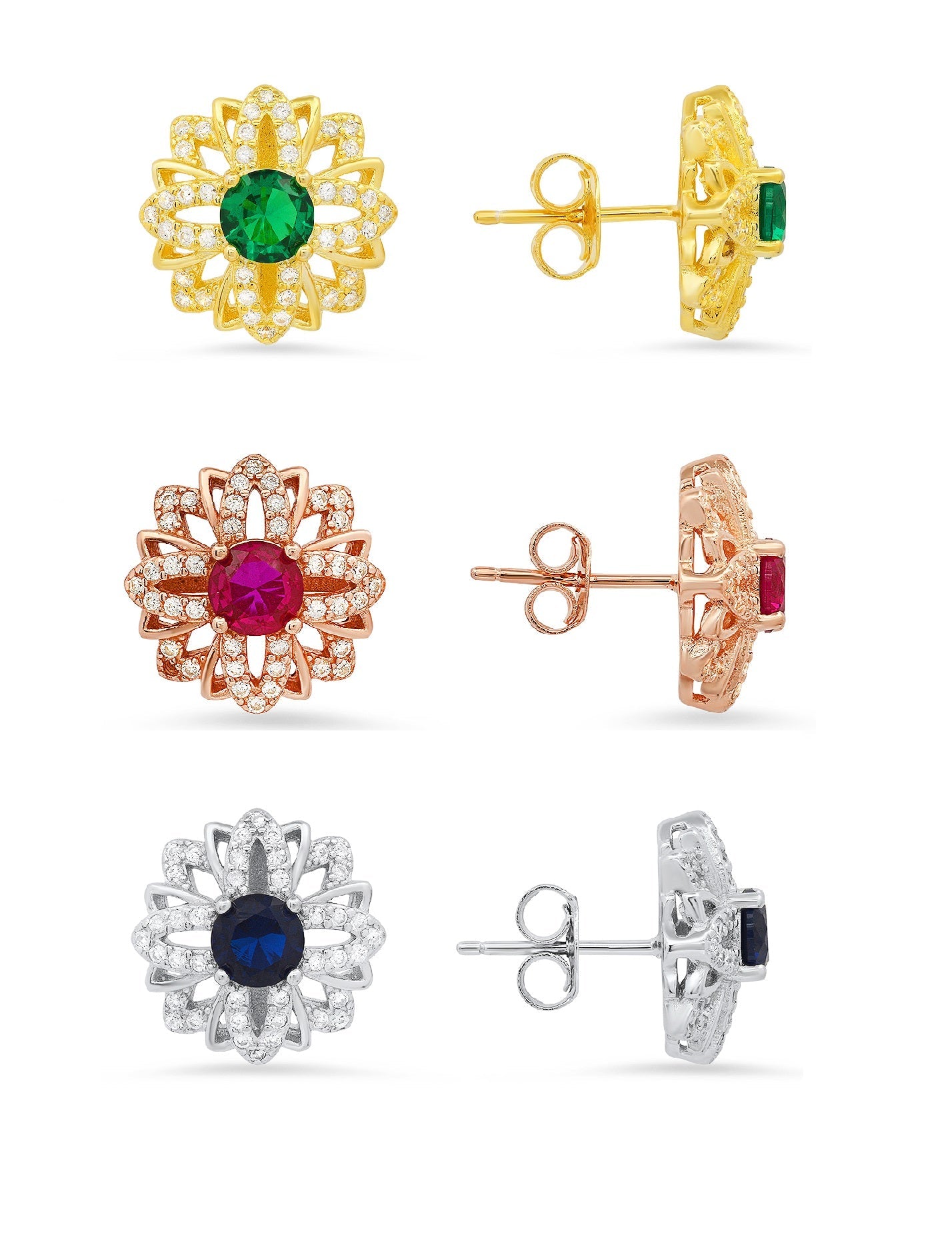 Sterling Silver Ruby/Sapphire/Emerald CZ Floral Stud Earrings - Charming Charlie