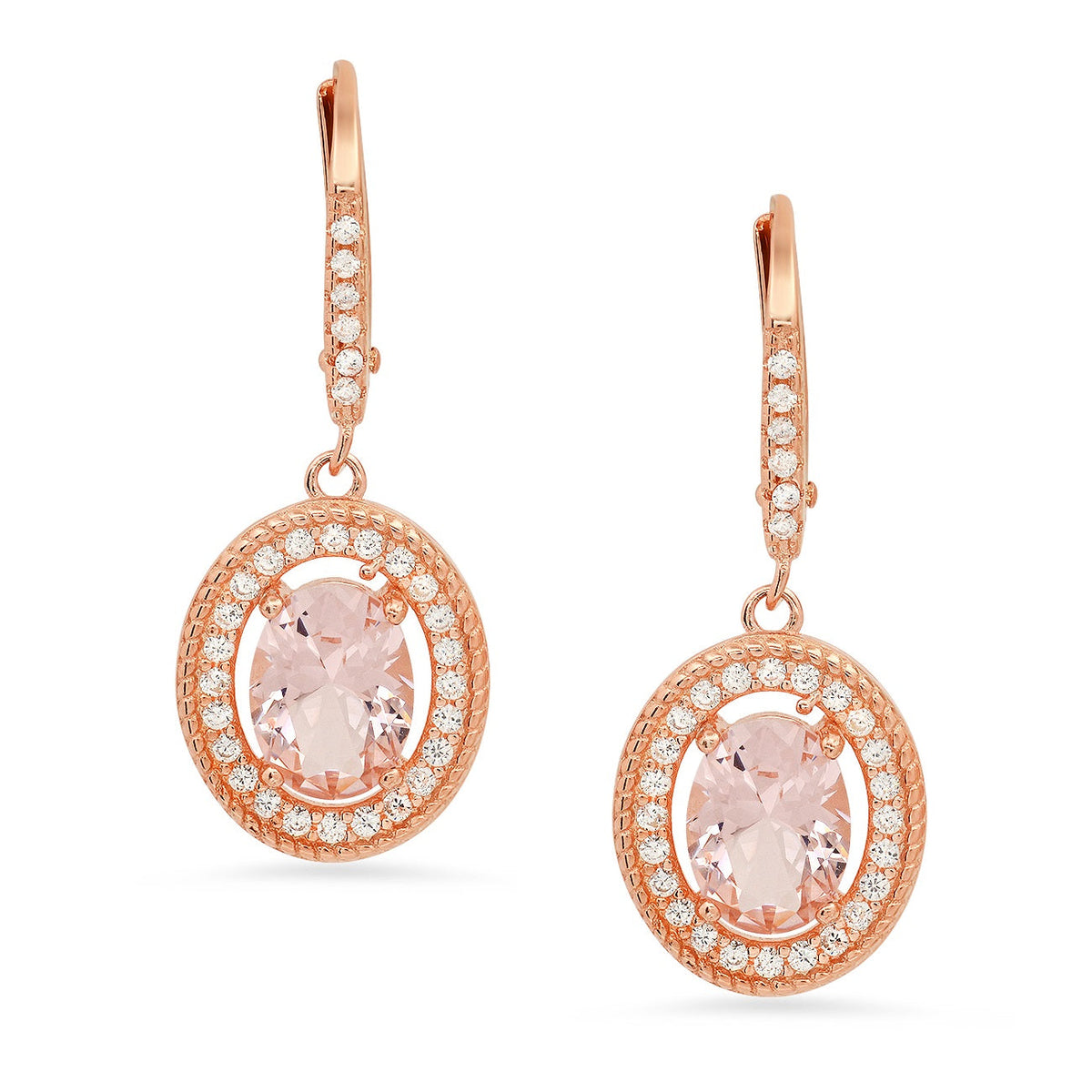 Rose Gold Over Silver Twisted Rope Halo Morganite CZ Leverback Earrings - Charming Charlie