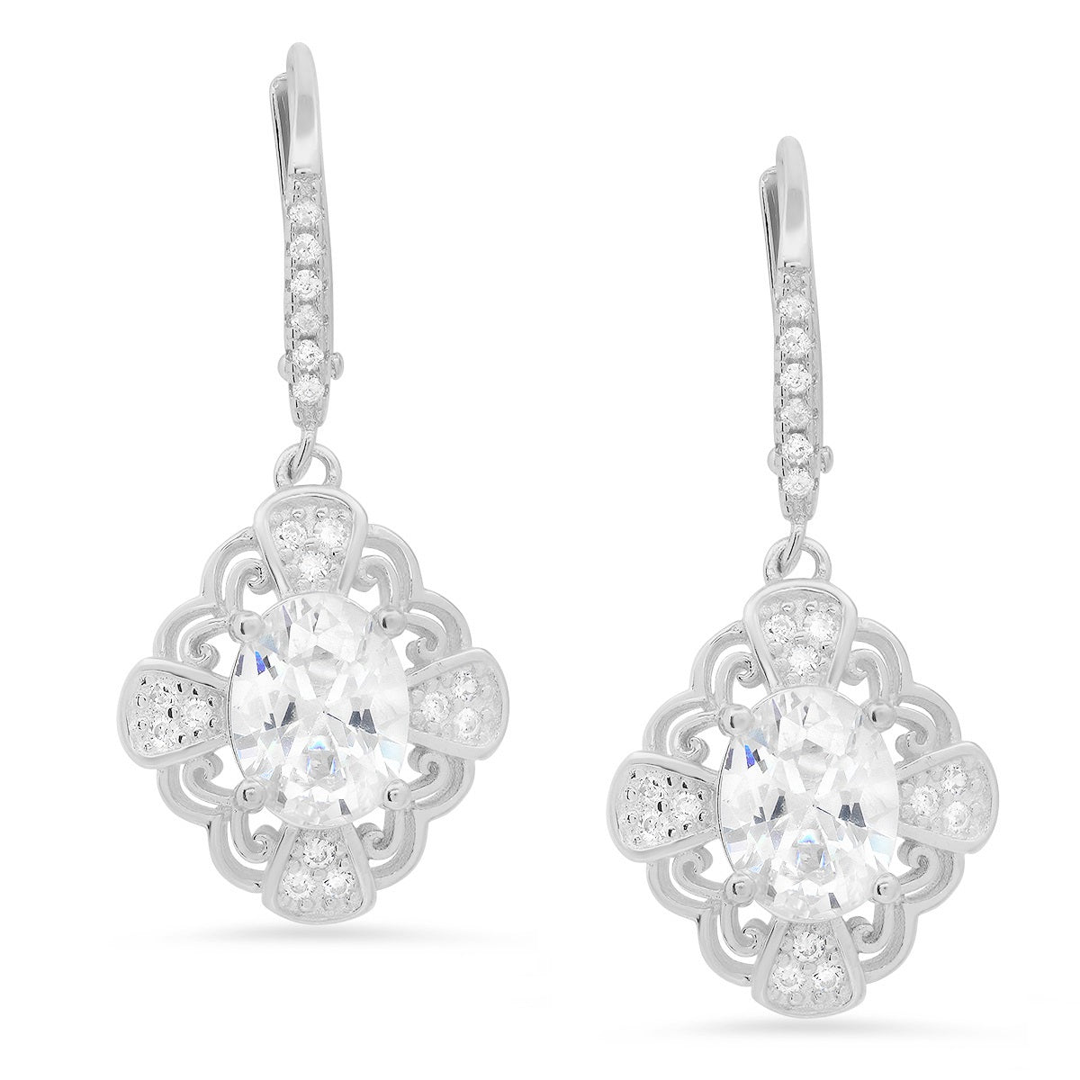 Sterling Silver Vintage Filigree CZ Leverback Earrings - Charming Charlie