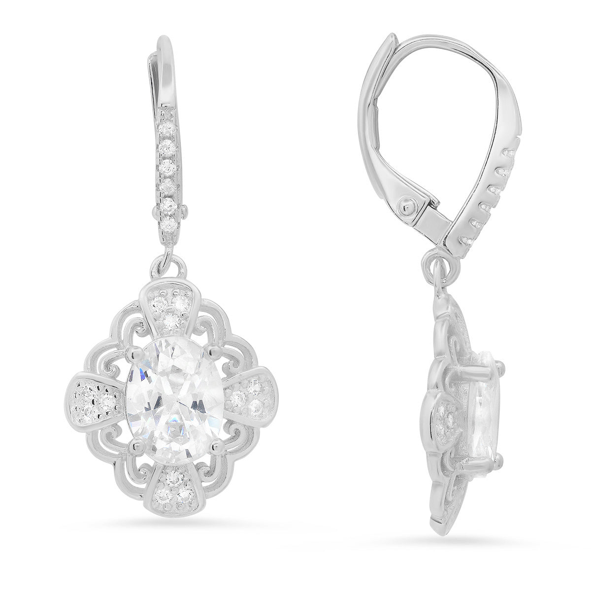 Sterling Silver Vintage Filigree CZ Leverback Earrings - Charming Charlie