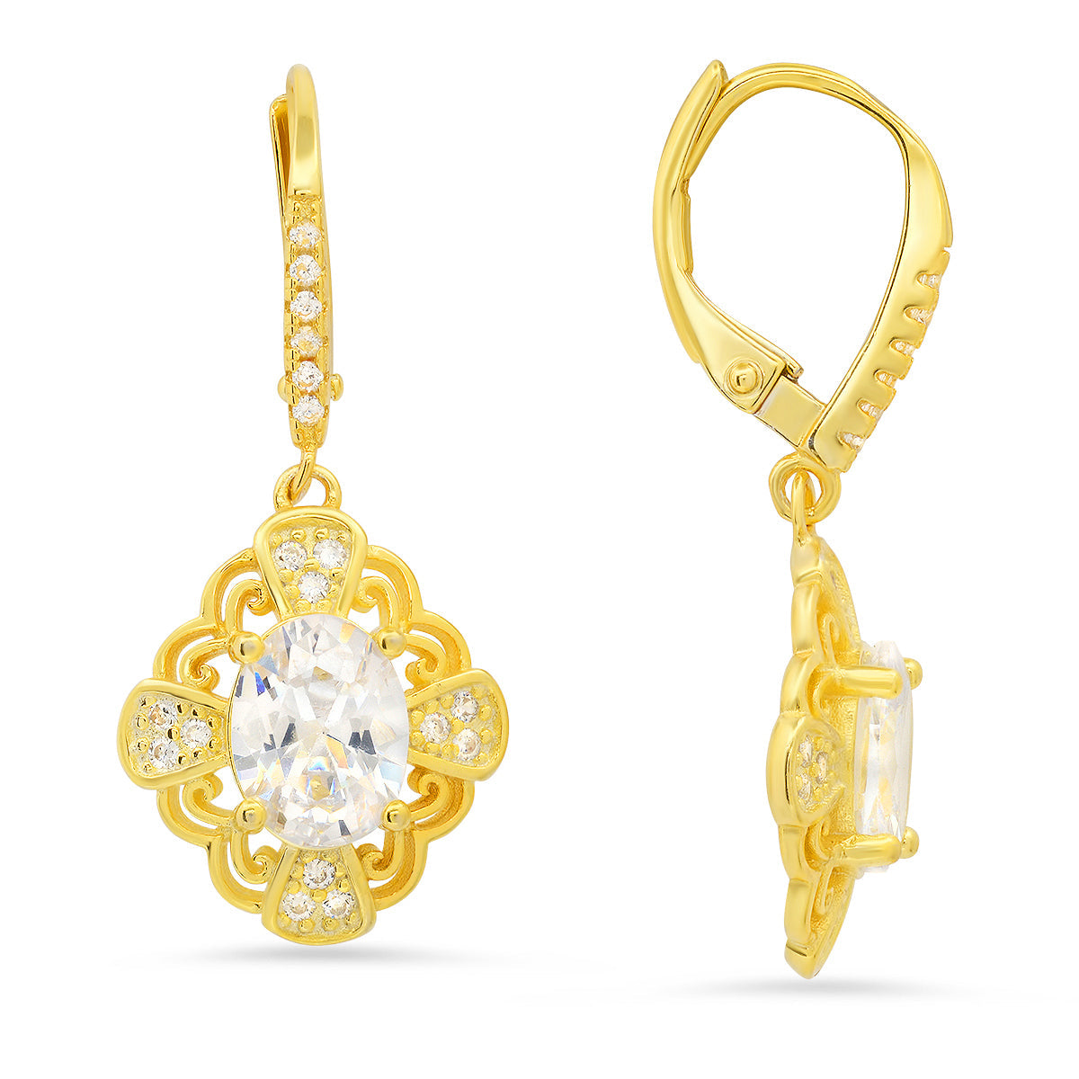 Sterling Silver Vintage Filigree CZ Leverback Earrings - Charming Charlie