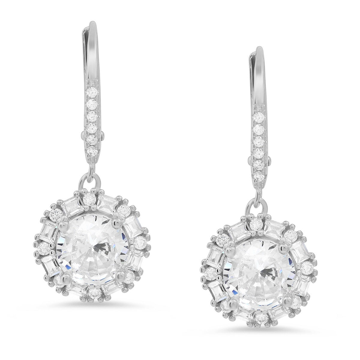 Sterling Silver Round-cut Halo CZ Leverback Earrings - Charming Charlie