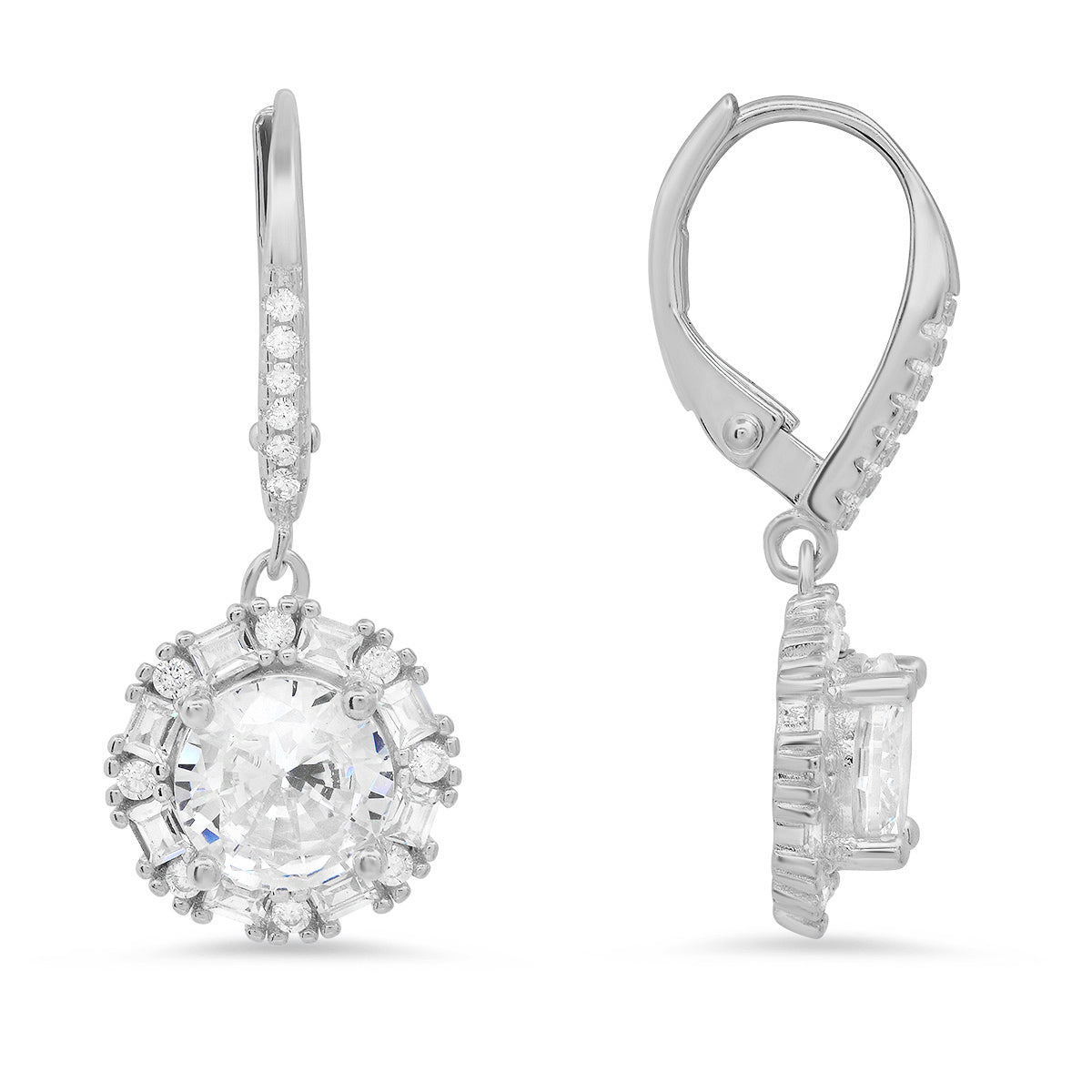 Sterling Silver Round-cut Halo CZ Leverback Earrings - Charming Charlie