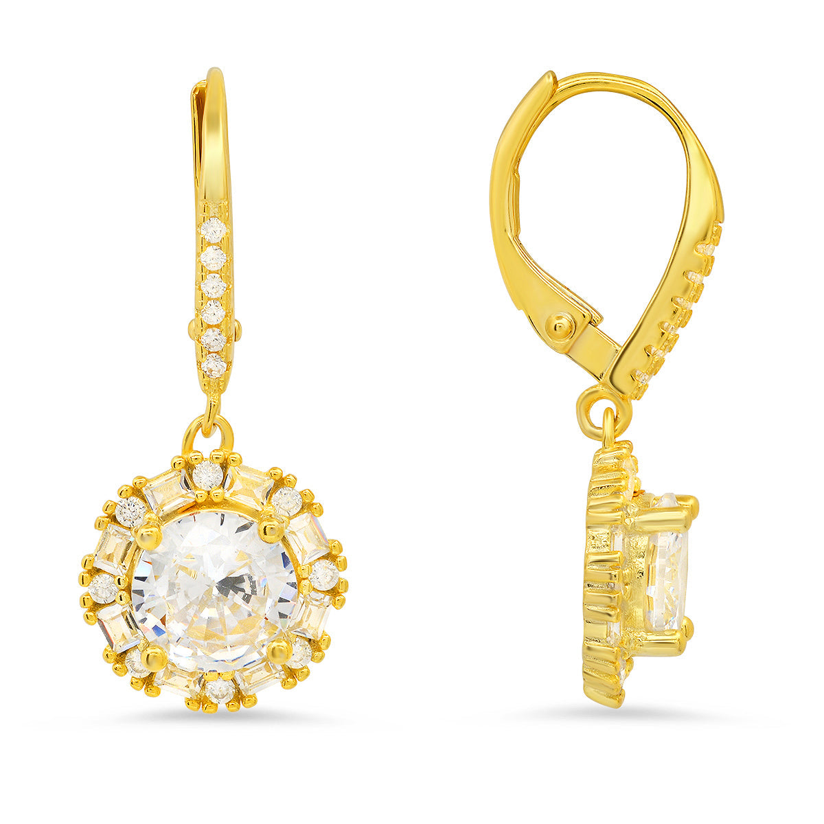 Sterling Silver Round-cut Halo CZ Leverback Earrings - Charming Charlie