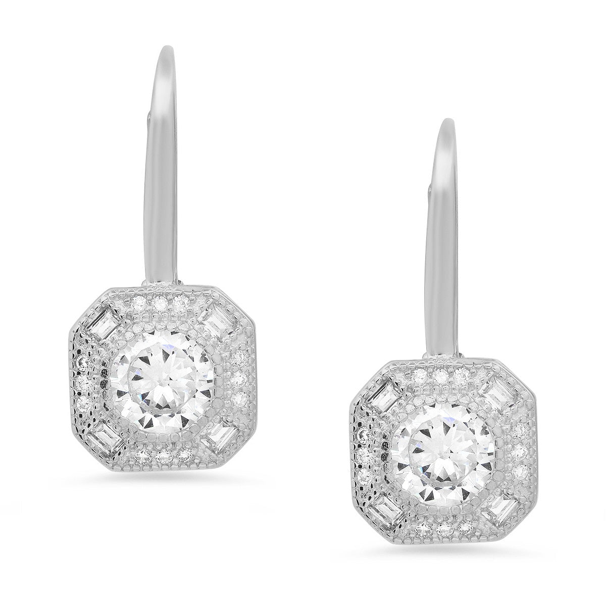 Sterling Silver Vintage Halo CZ Leverback Earrings - Charming Charlie