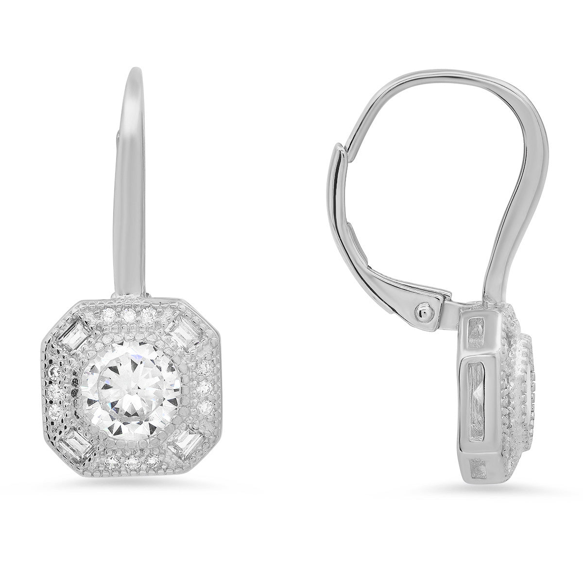 Sterling Silver Vintage Halo CZ Leverback Earrings - Charming Charlie