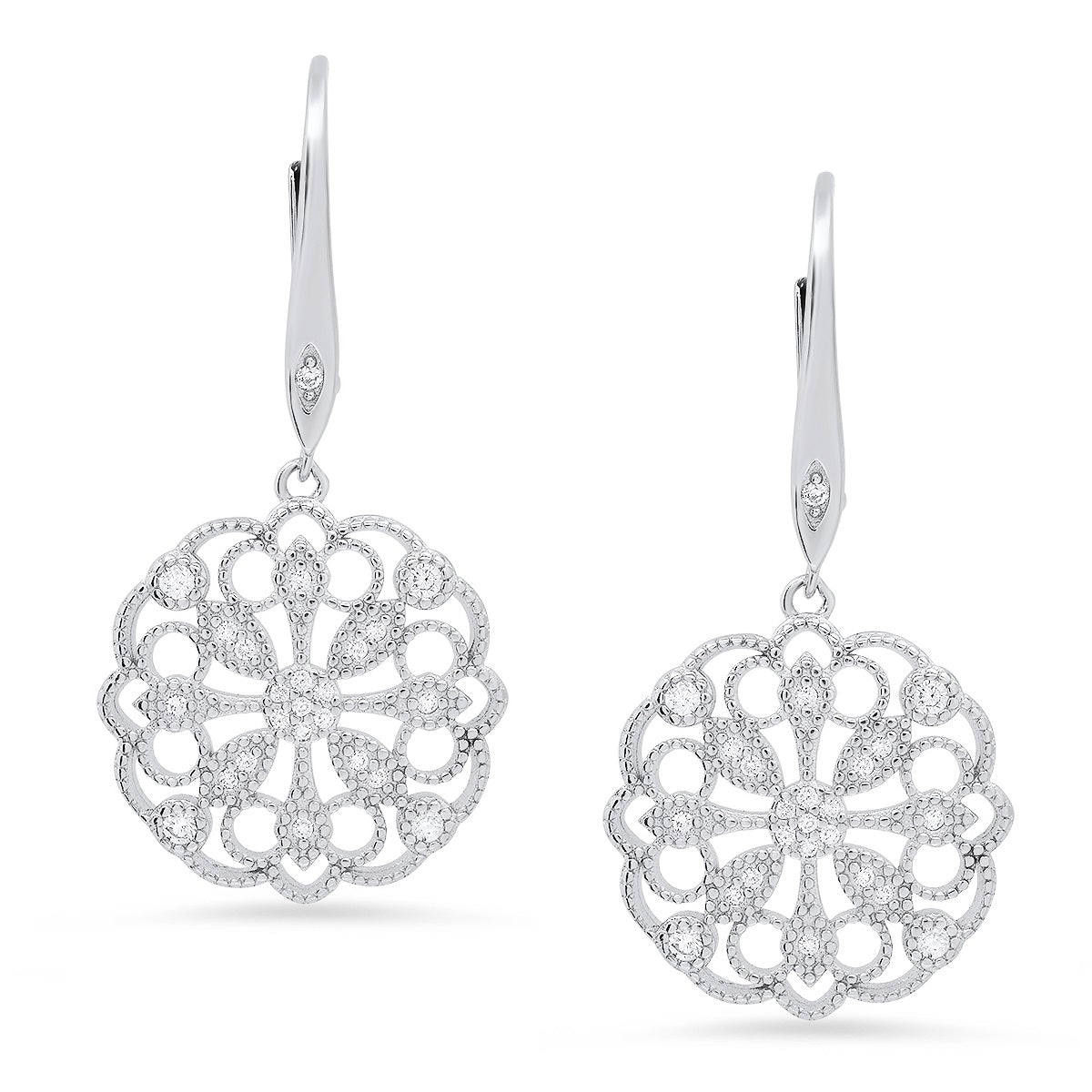 Sterling Silver Vintage Floral CZ Leverback Earrings - Charming Charlie
