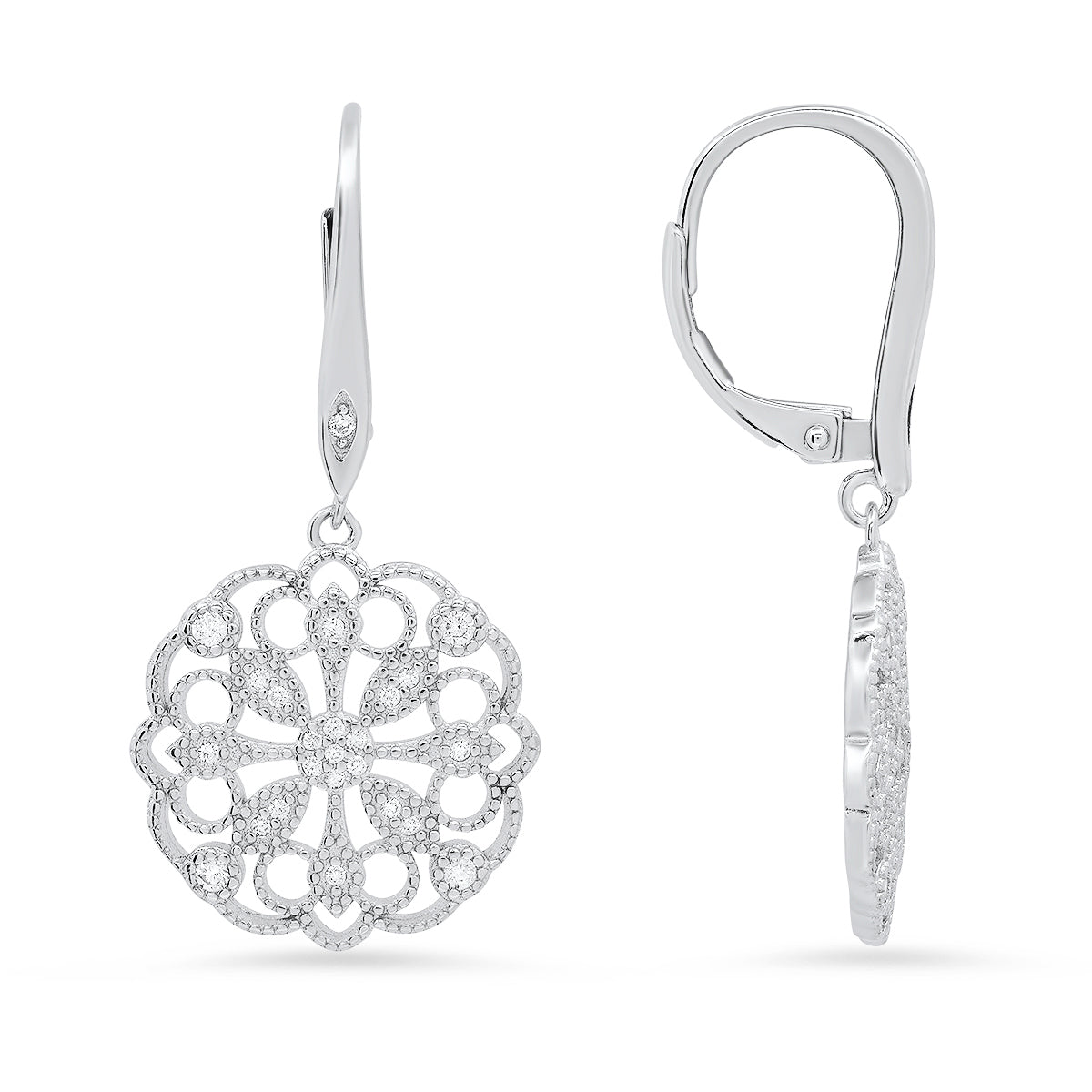 Sterling Silver Vintage Floral CZ Leverback Earrings - Charming Charlie