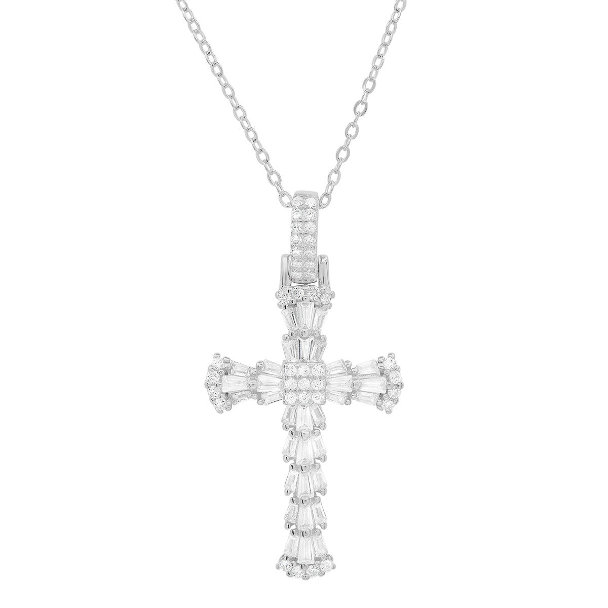 Sterling Silver Luxurious Baguette-cut CZ Cross Pendant - Charming Charlie