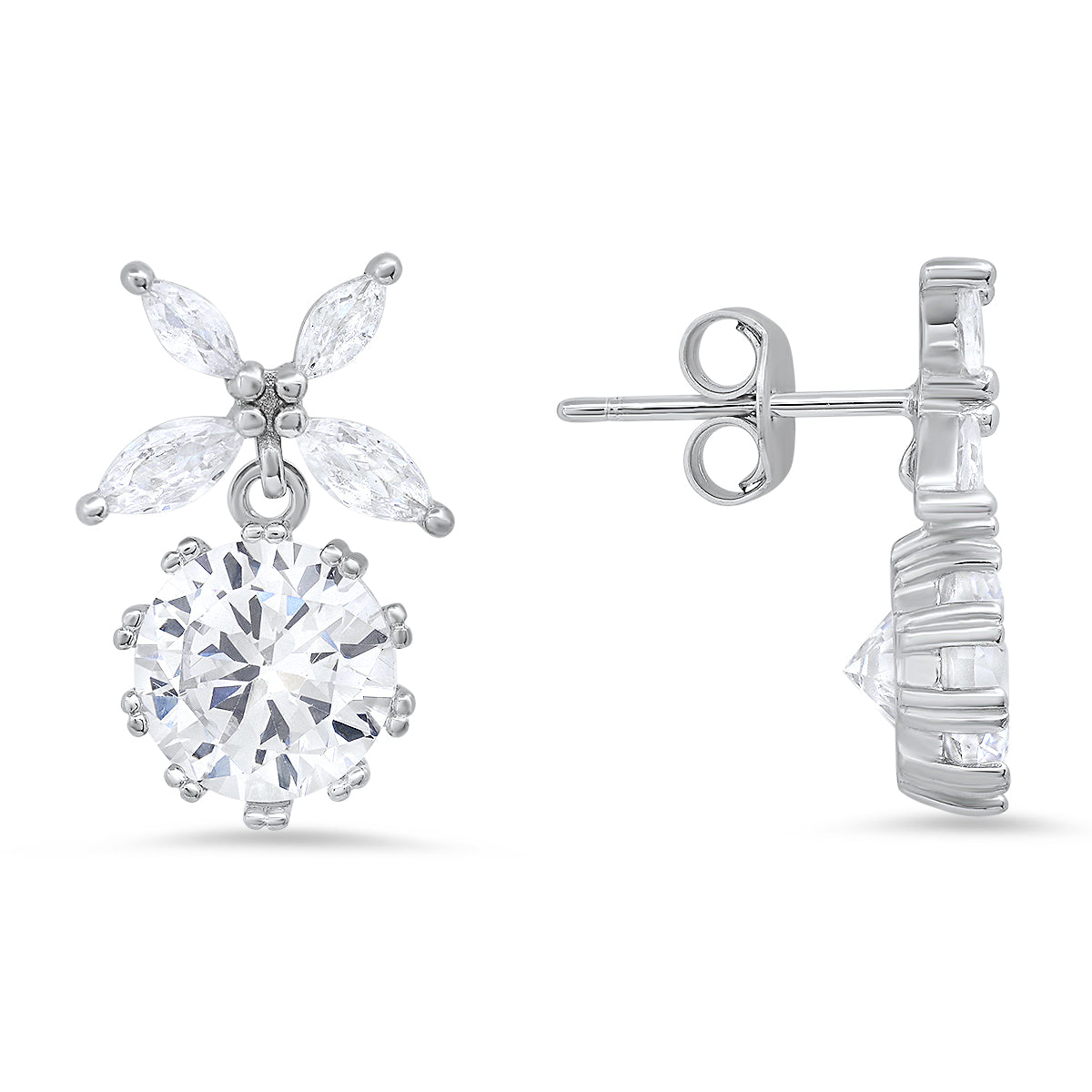 Sterling Silver Dangling Floral Diamond Earrings - Charming Charlie