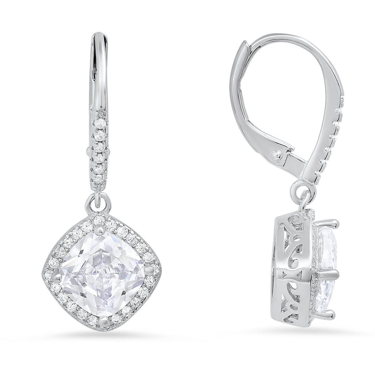 Sterling Silver Cushion-cut Halo Diamond Leverback Earrings - Charming Charlie