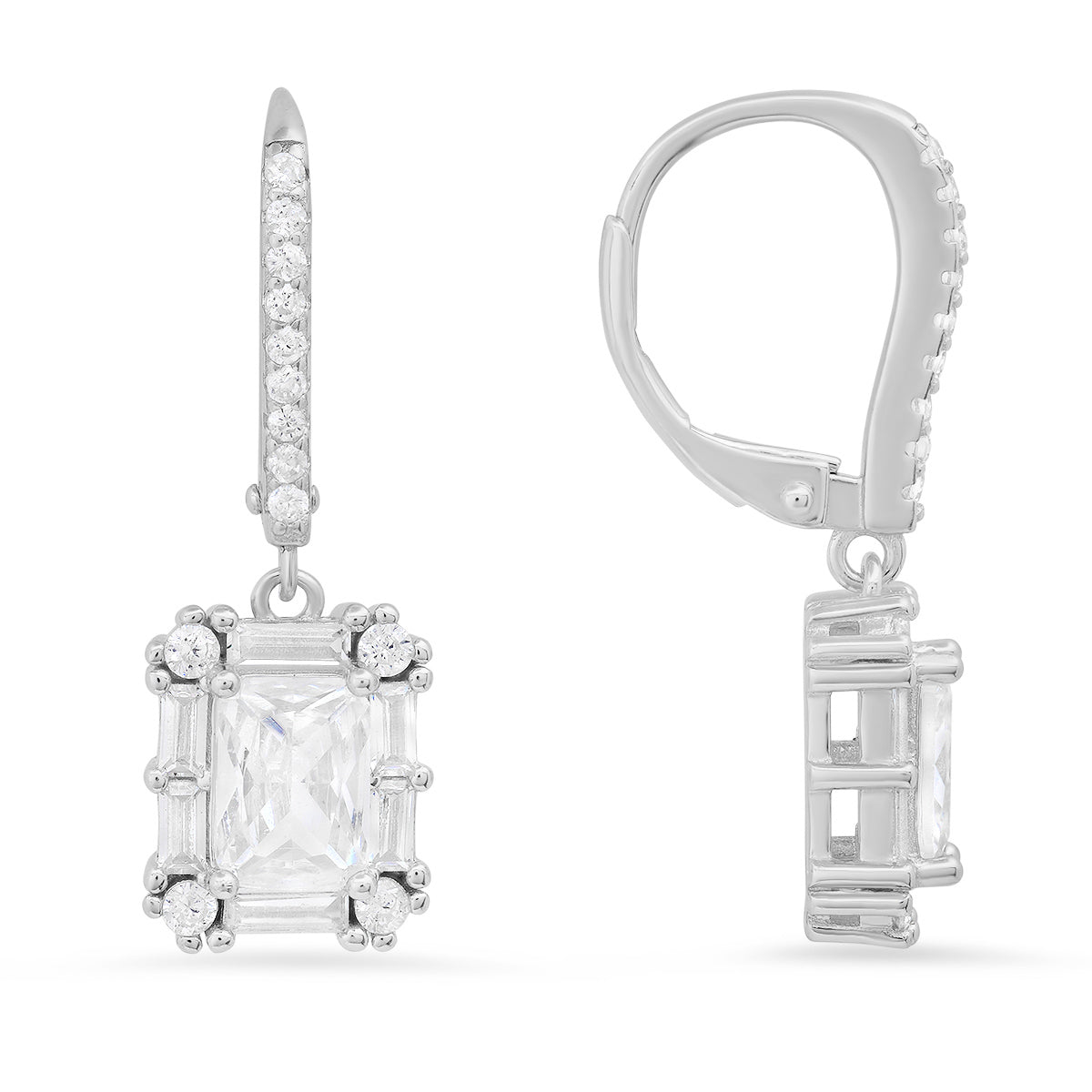 Sterling Silver Emerald-cut Diamond Halo Dangling Earrings - Charming Charlie