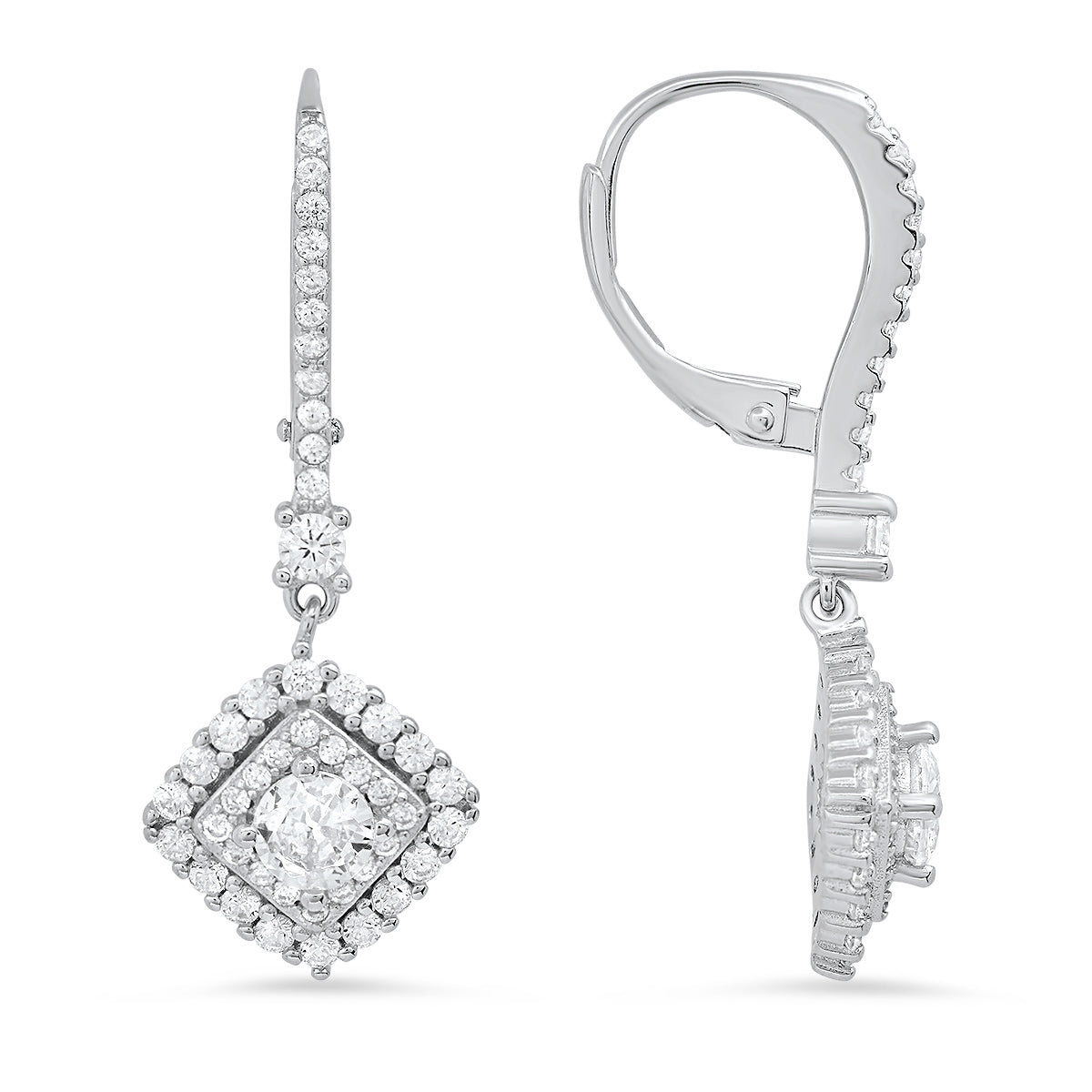 Sterling Silver Diamond Halo Leverback Earrings - Charming Charlie