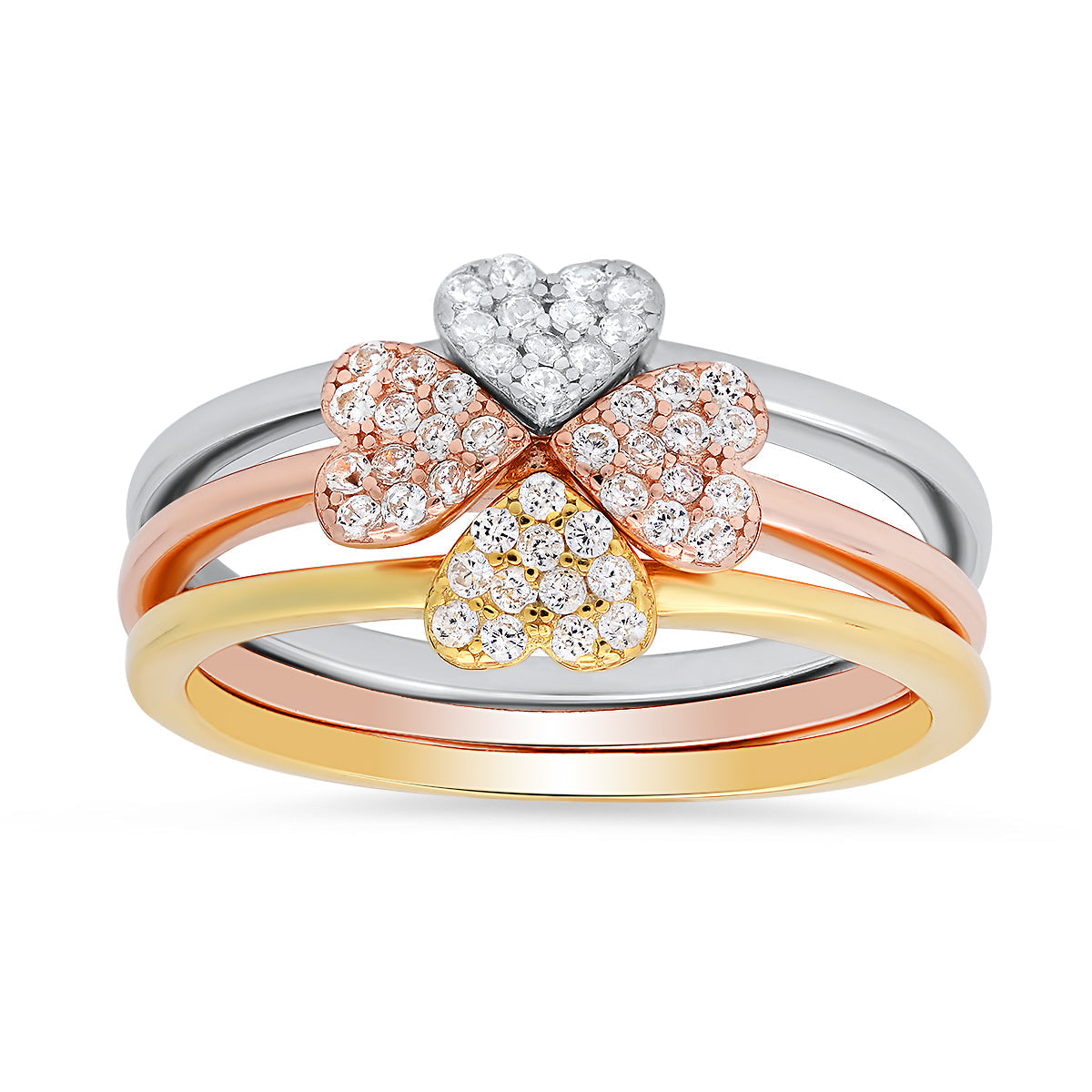 Sterling Silver Tri-Color 3pc Stackable Heart Ring Set - Charming Charlie