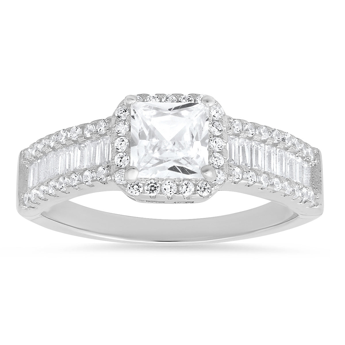 Sterling Silver Princess & Baguette-cut CZ Halo Ring - Charming Charlie