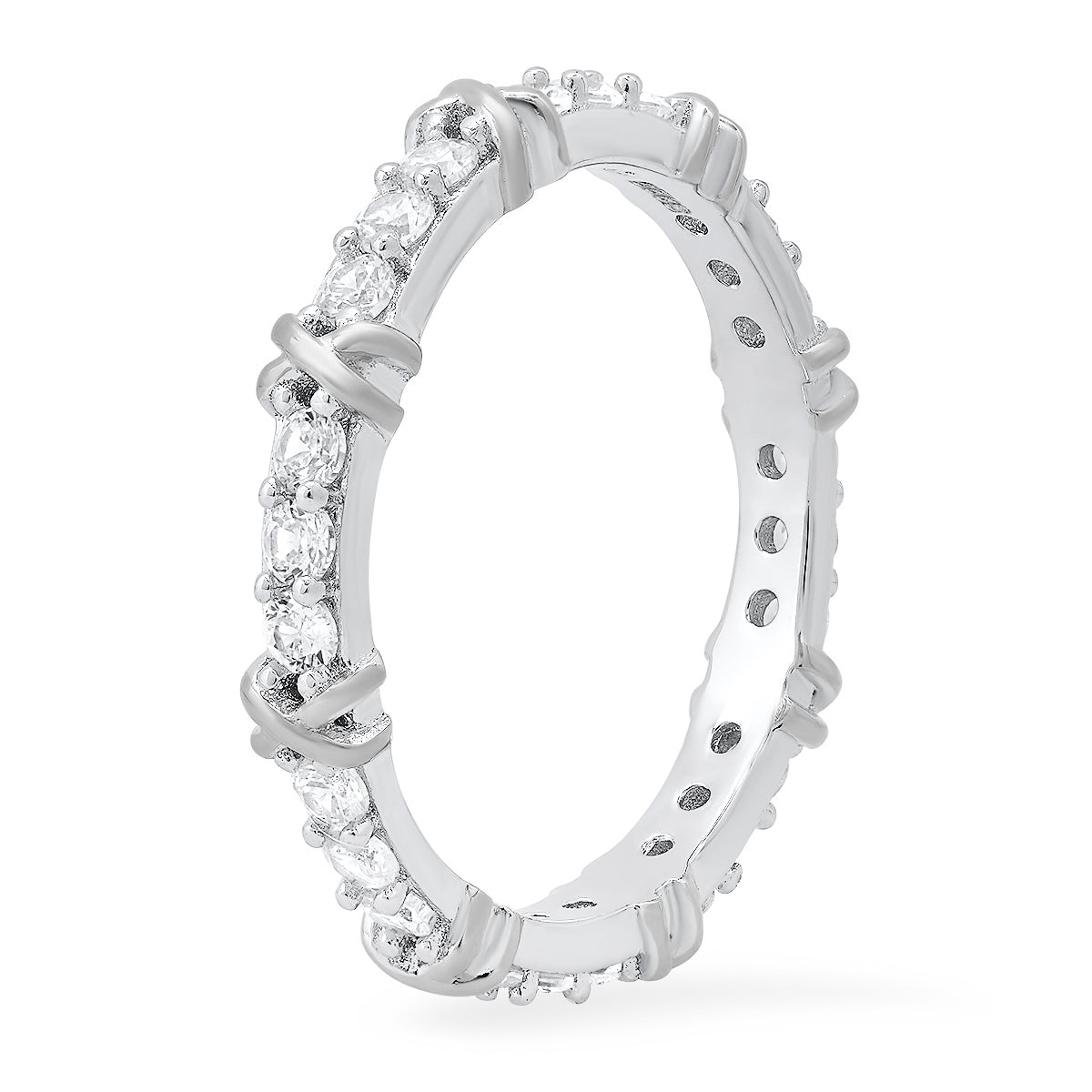 Sterling Silver Round-cut CZ "X" Stackable Eternity Band Ring - Charming Charlie